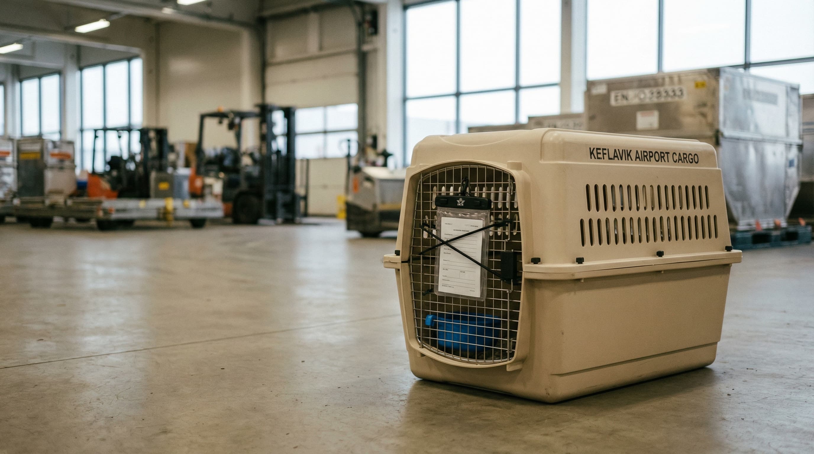 IATA-approved pet crate with document envelope attached at Keflavik cargo terminal, water dish visible through ventilation slots