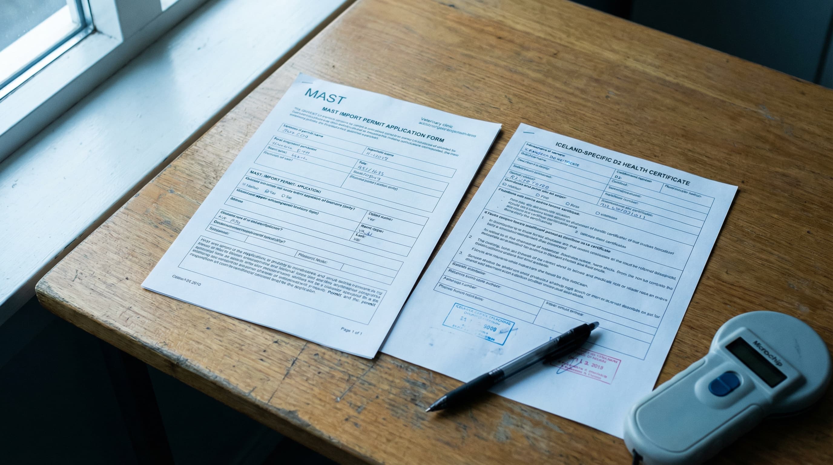 MAST import permit application and Iceland D2 health certificate form prepared on veterinary clinic desk