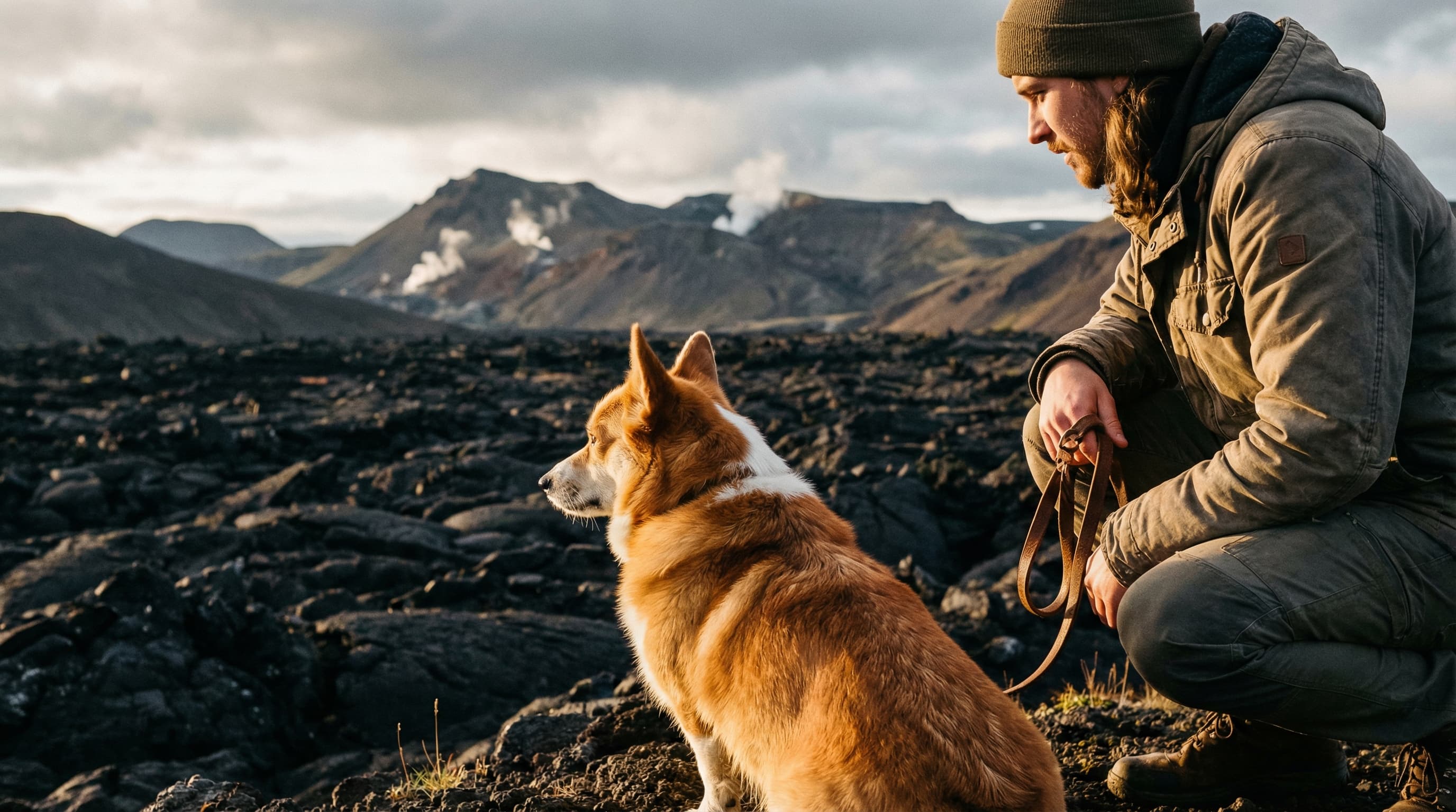 Corgi and owner at edge of Icelandic lava field, volcanic mountains with steam vents in background