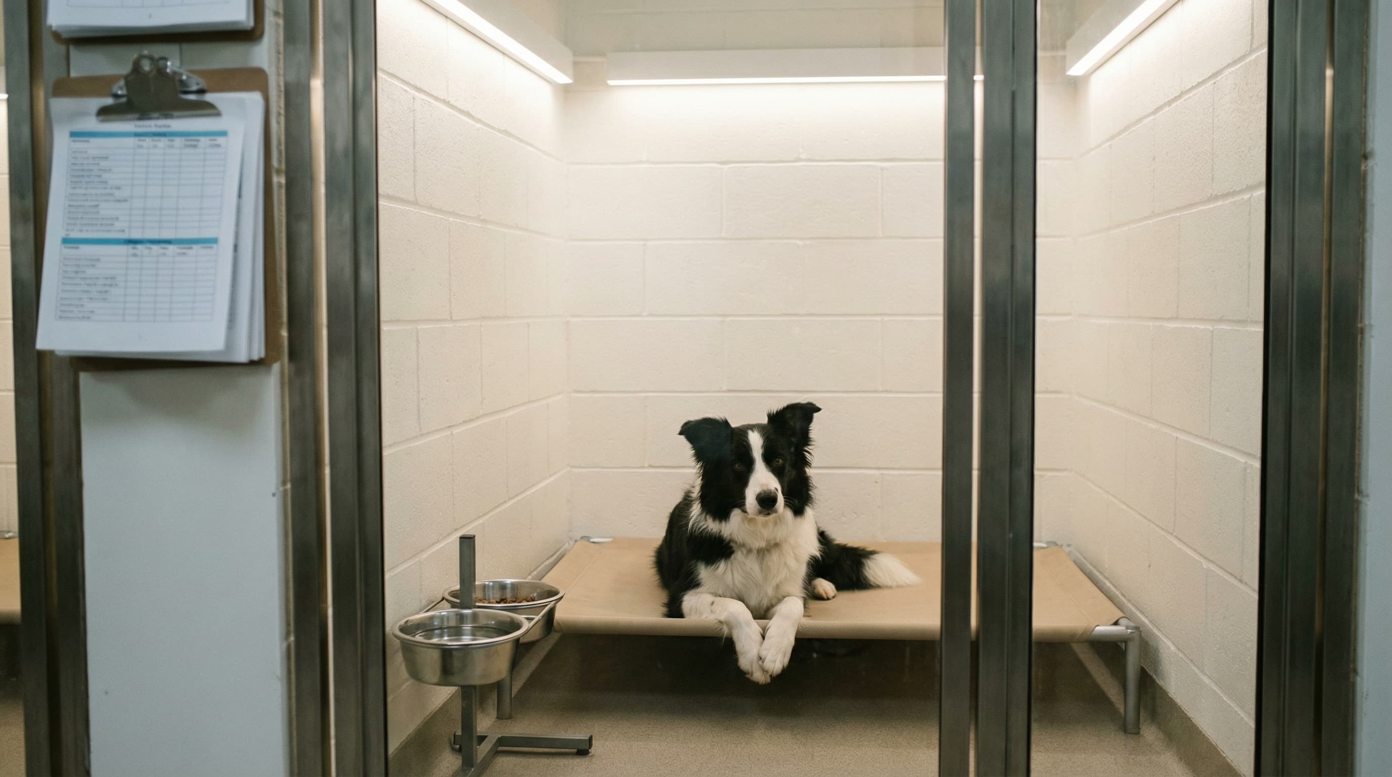 Border Collie resting in clean quarantine enclosure during mandatory 14-day Iceland quarantine