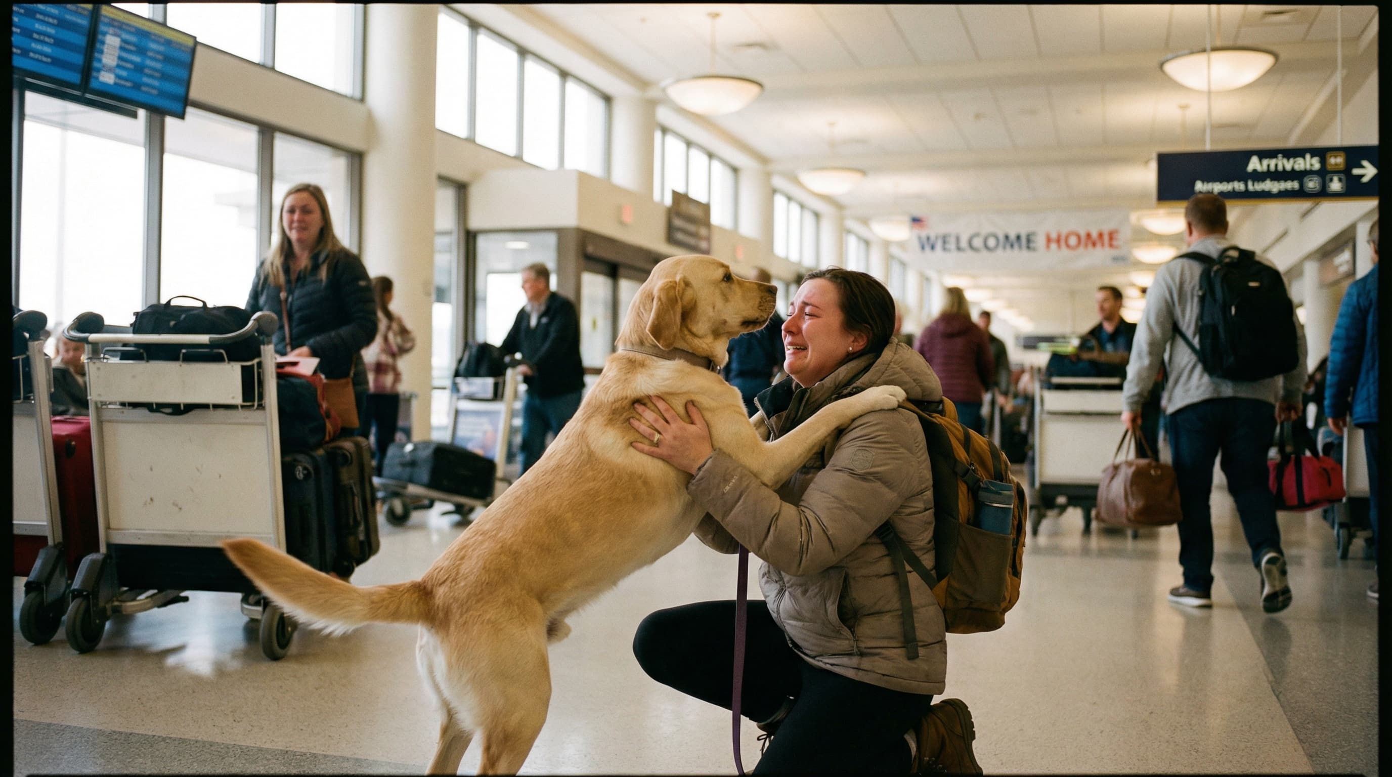Golden Labrador reuniting with owner in US airport arrivals after returning from Iceland