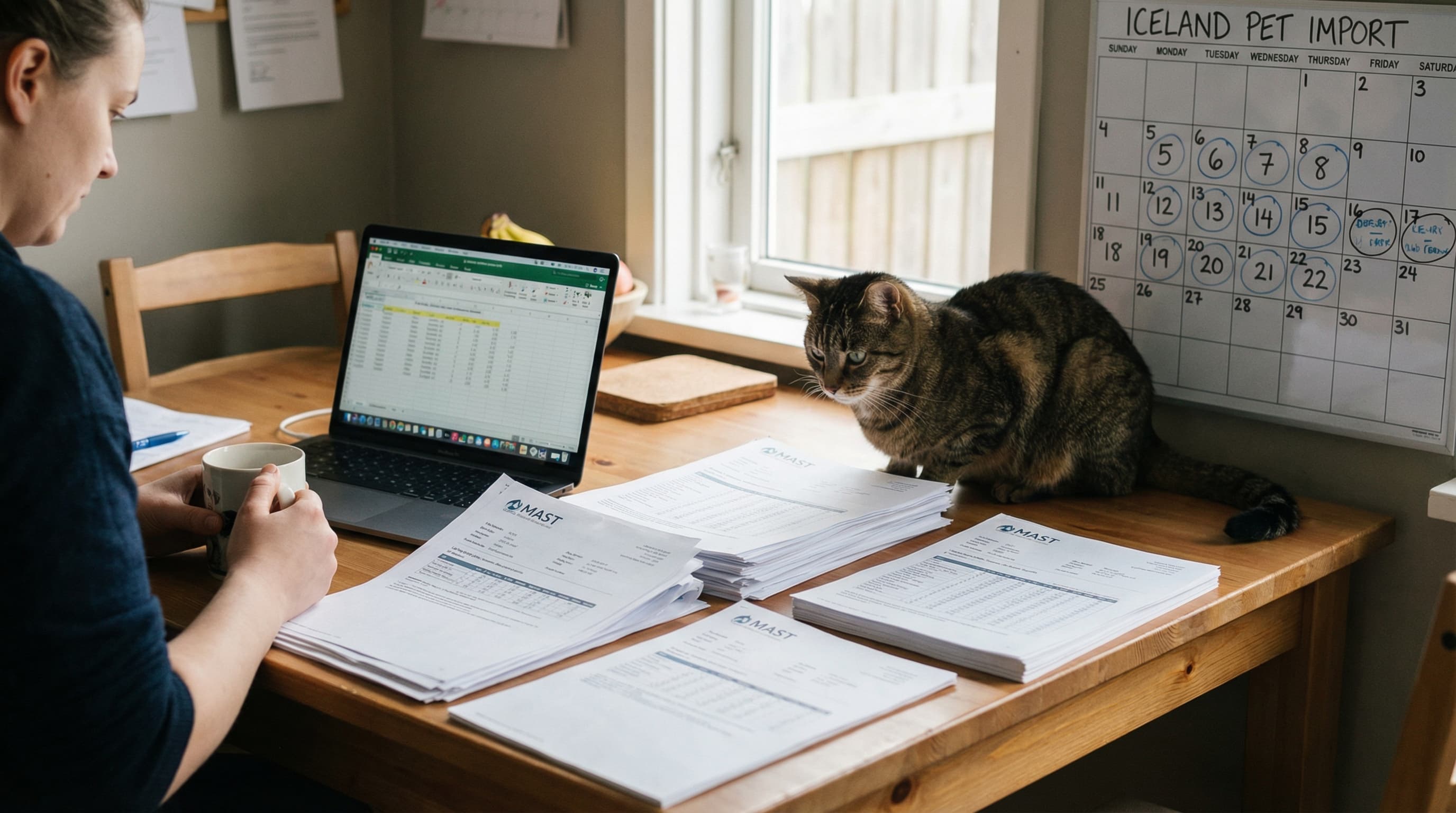 Owner planning Iceland pet import timeline with circled calendar dates, MAST documents and cat on kitchen table
