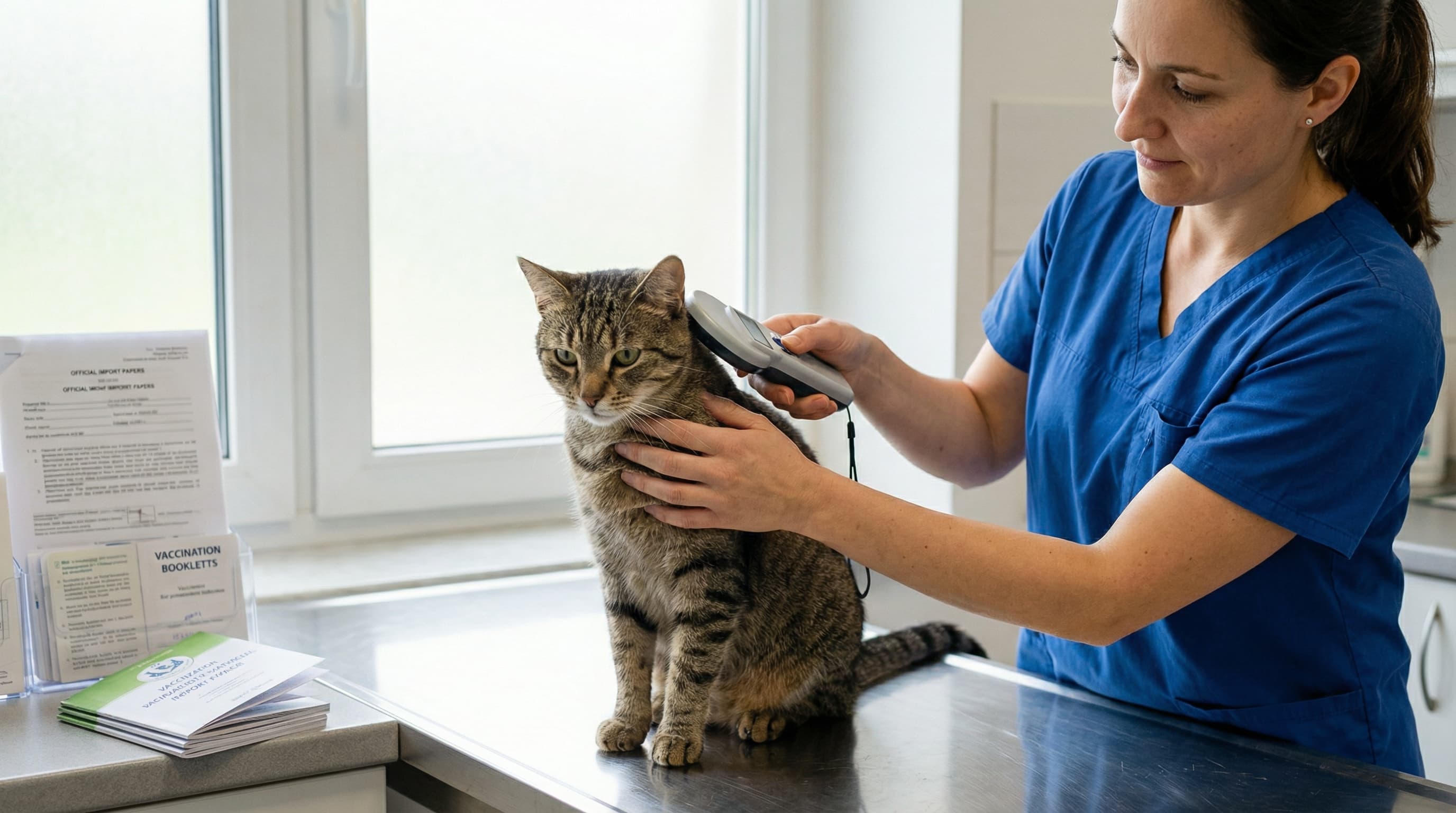 Veterinarian scanning tabby cat's microchip with import documents spread on clinic counter