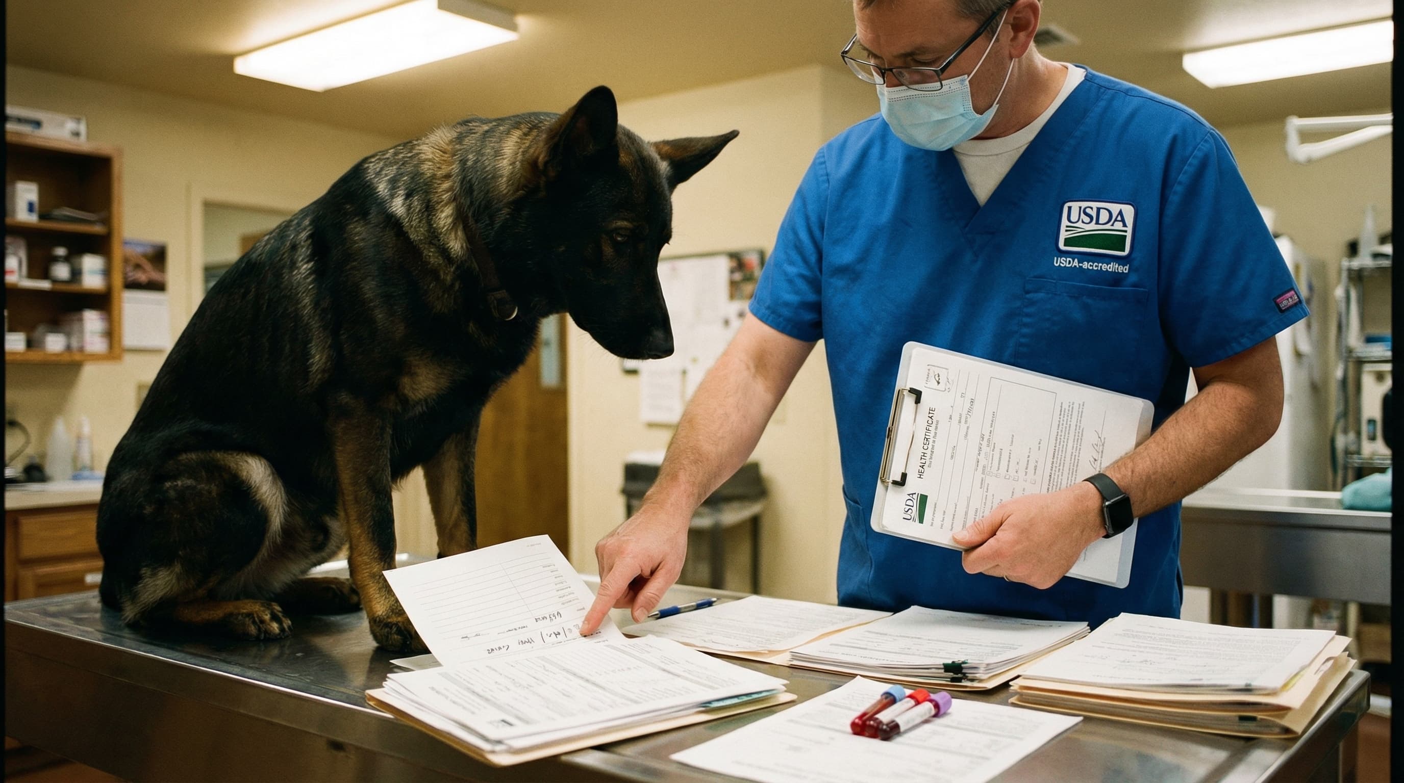 USDA-accredited veterinarian reviewing vaccination records and blood test paperwork with German Shepherd on exam table