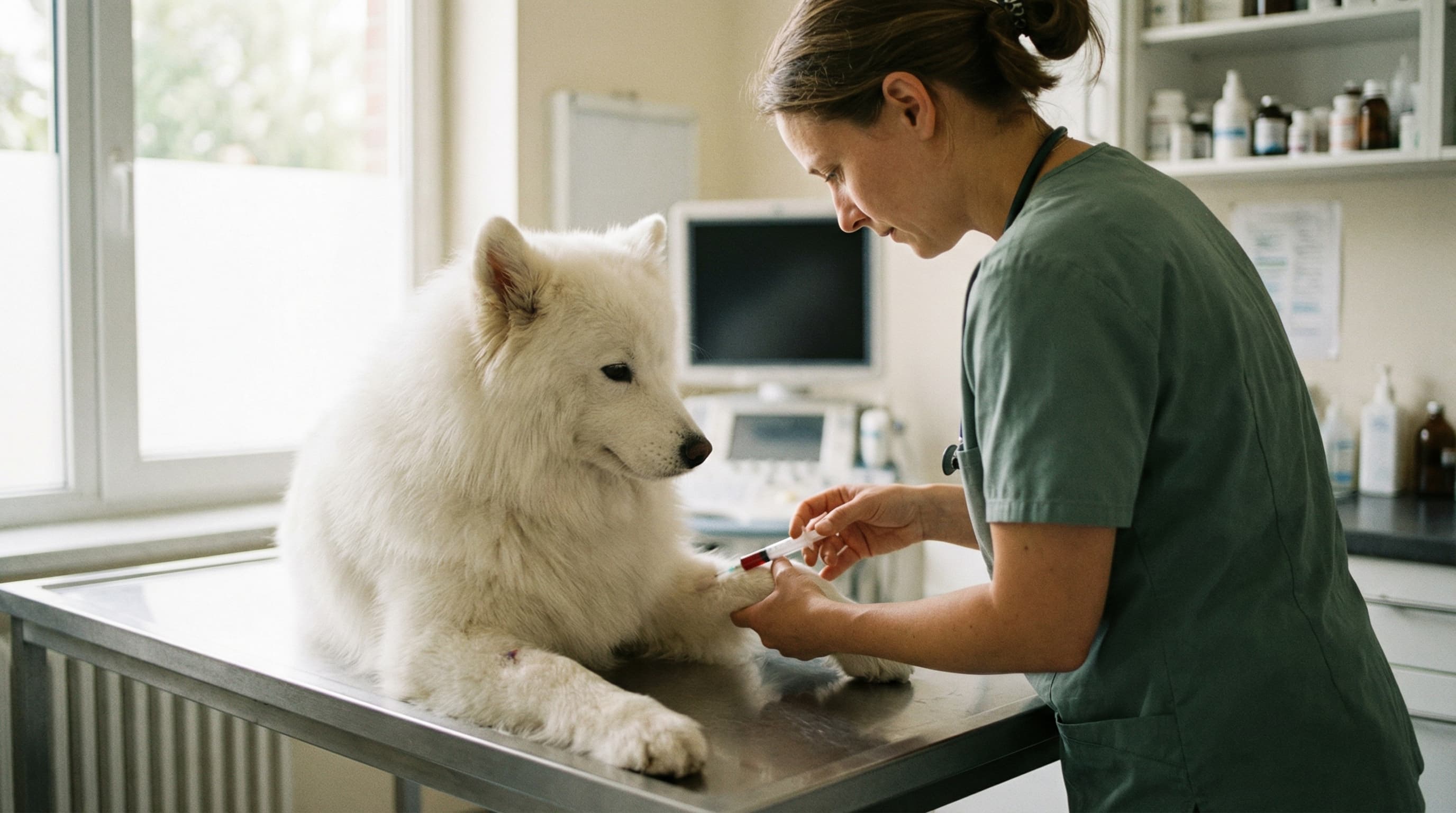 Veterinarian drawing blood from Samoyed for rabies titer test required for Iceland import