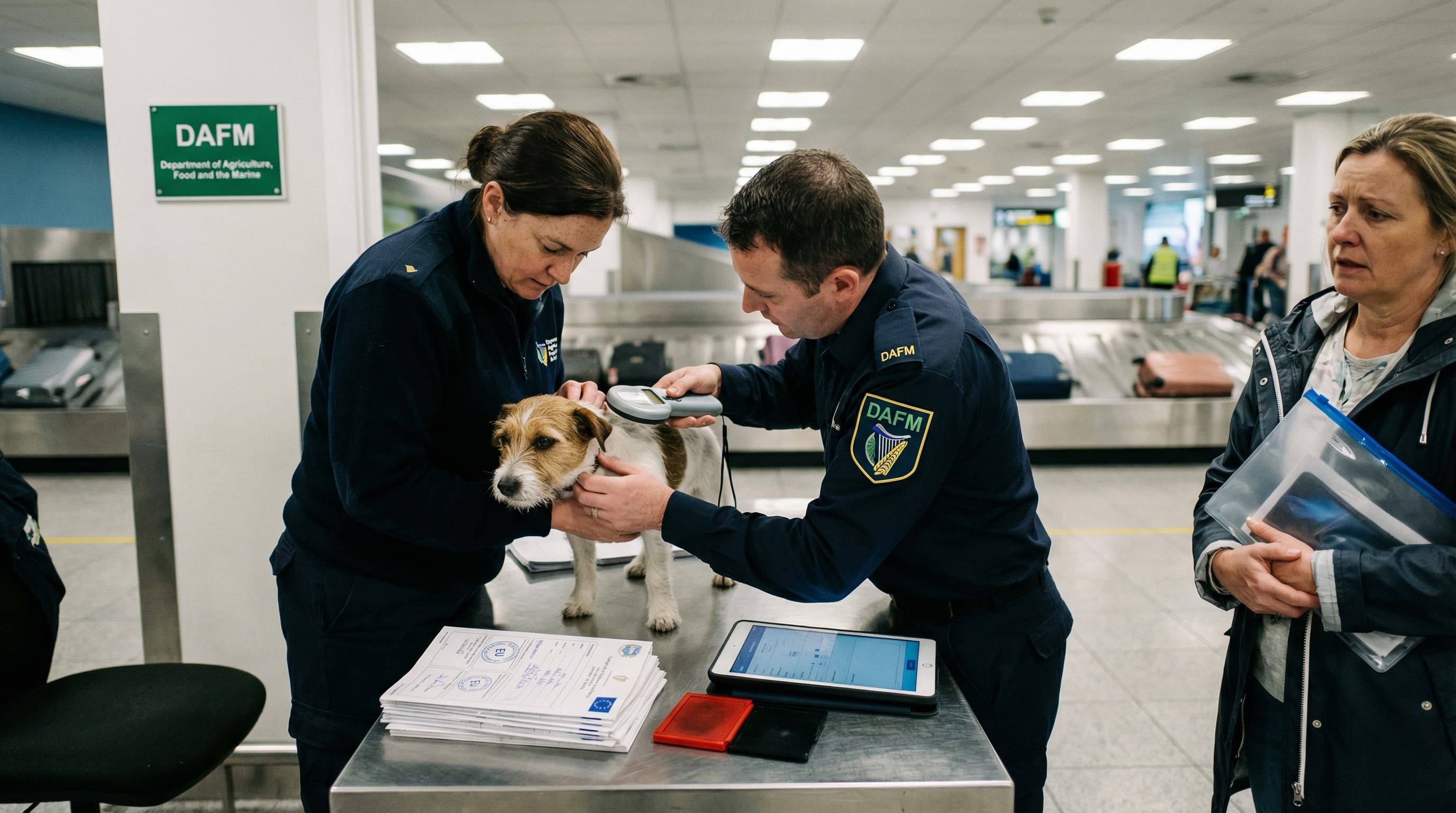 DAFM inspectors scanning a dog's microchip at Dublin Airport baggage hall while the owner holds documents