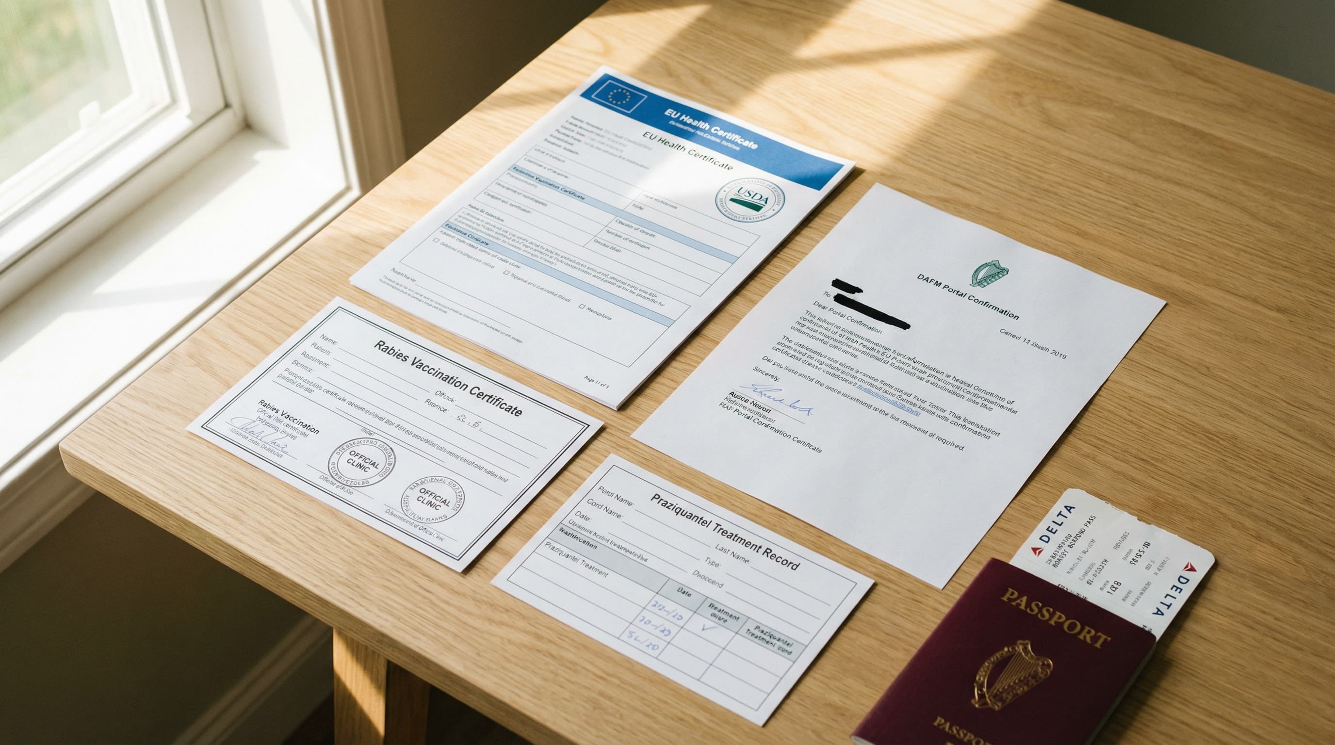 Ireland pet travel documents organized on table: EU health certificate, USDA stamp, rabies certificate, tapeworm record, DAFM portal confirmation