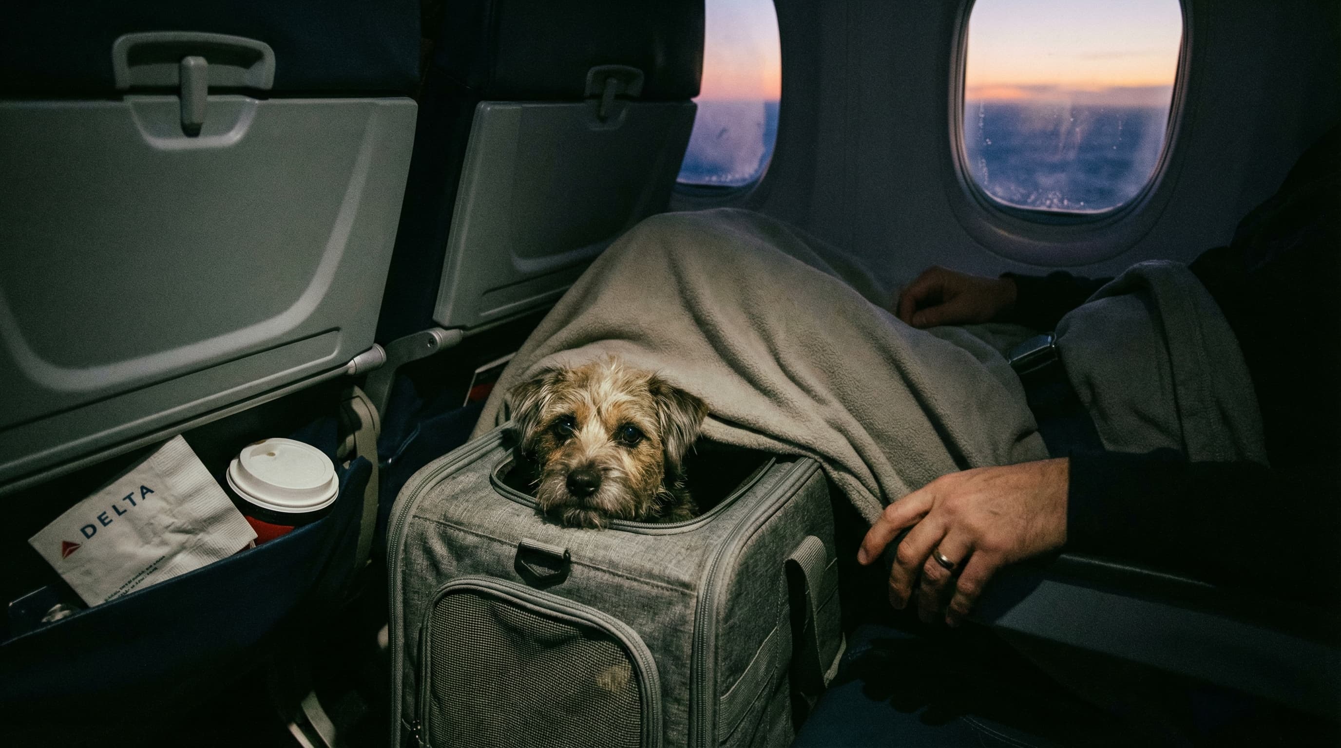 A small dog in a carrier on a Delta transatlantic flight, sunrise over the Atlantic visible through the window