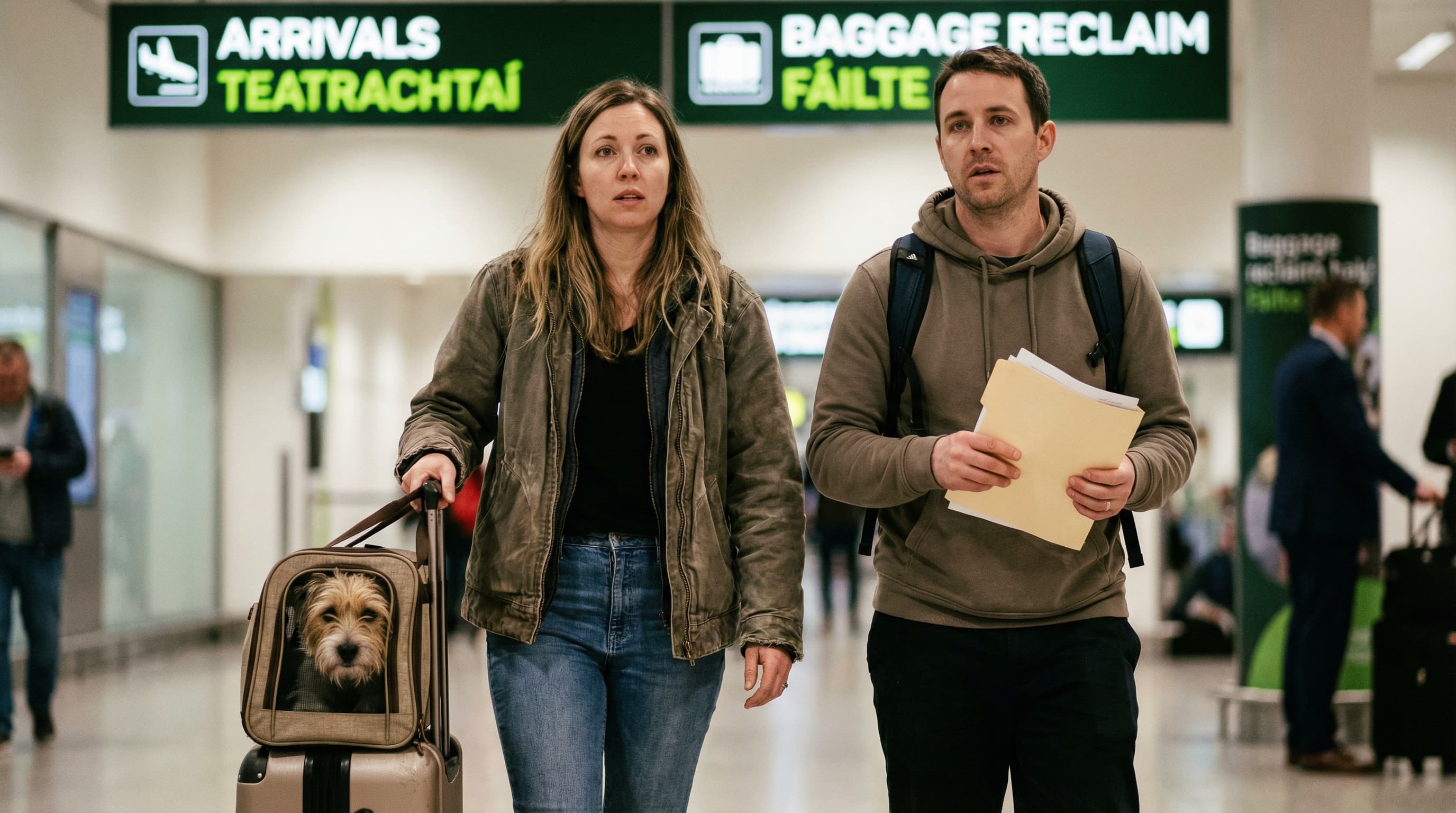 US couple at Dublin Airport arrivals hall with a soft-sided pet carrier and printed travel documents, terrier visible through the mesh window, calm and organized