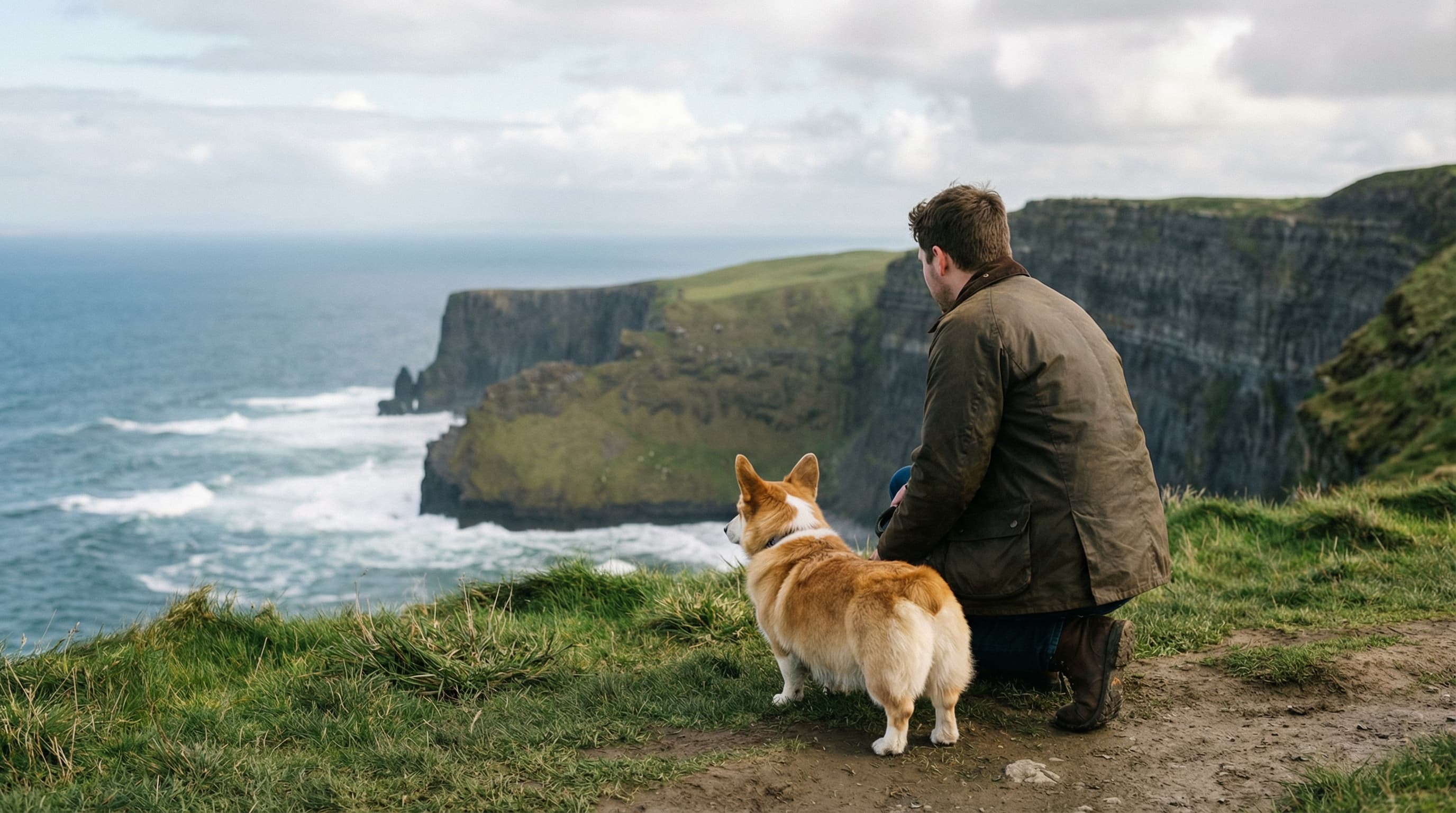 Corgi with owner at the Cliffs of Moher in County Clare, Atlantic coastline stretching into distance