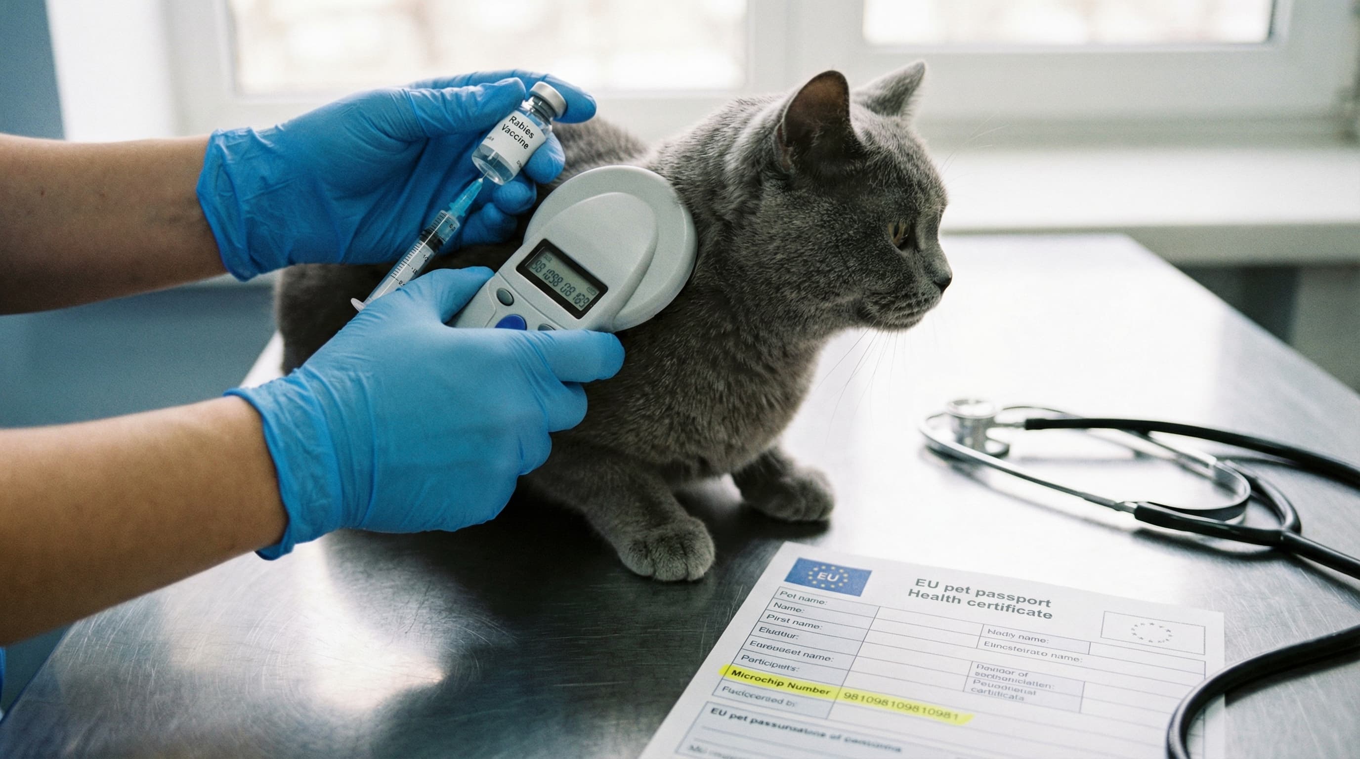 Veterinarian scanning a cat's microchip while preparing a rabies vaccine, EU health certificate on the counter