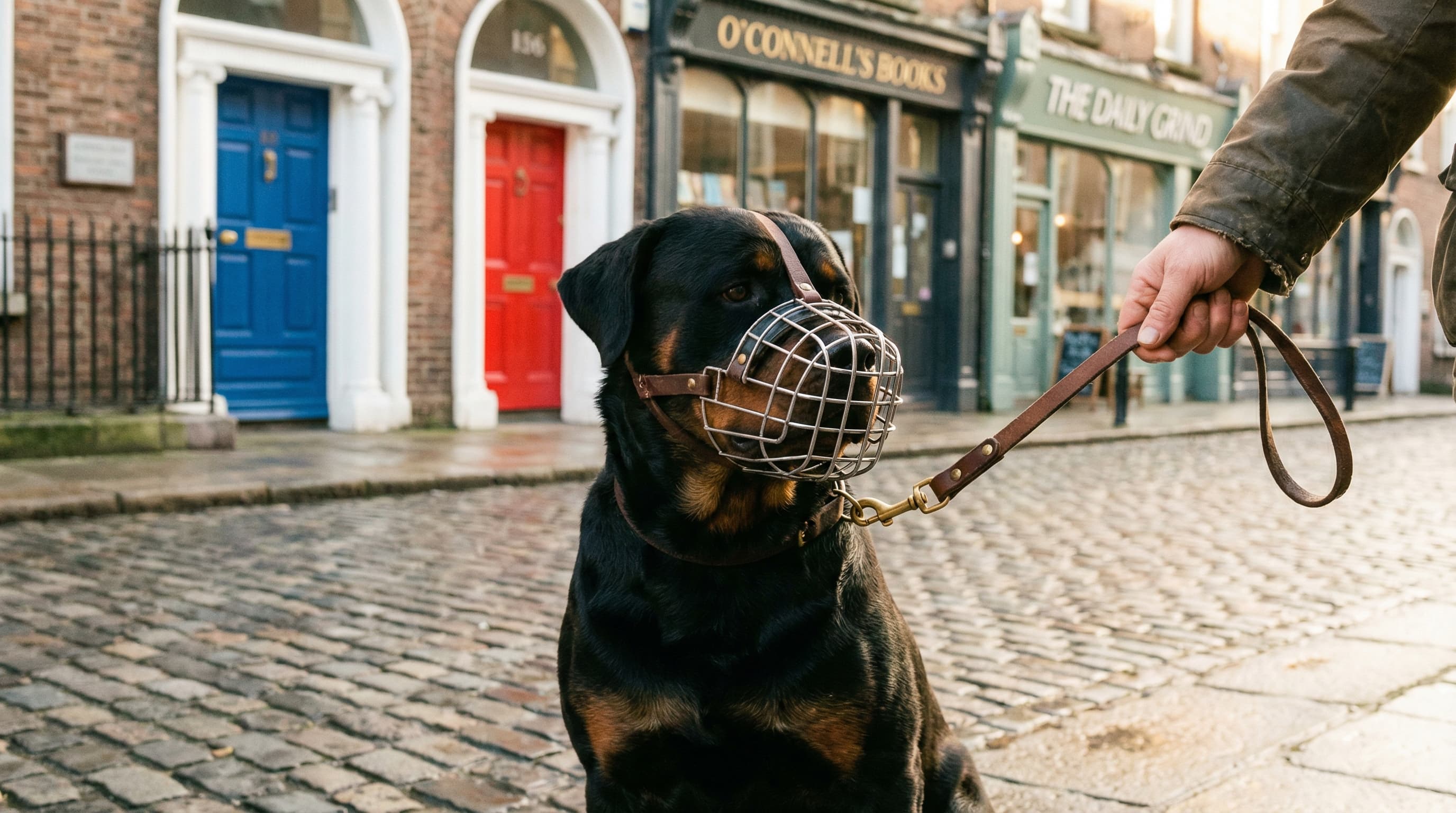 Rottweiler wearing basket-style muzzle on short lead with owner on cobblestone Dublin street