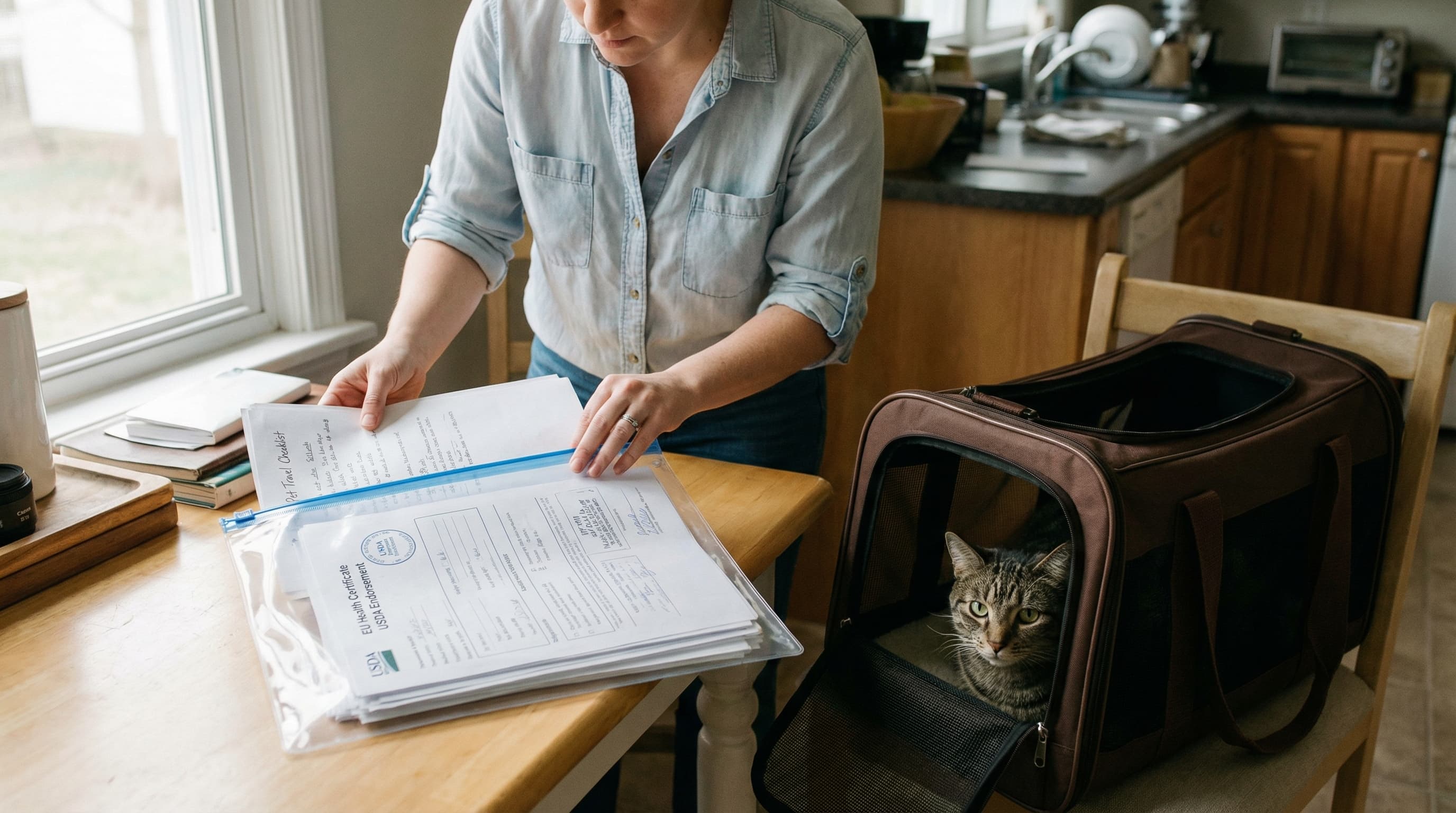 Pet owner organizing travel documents in a waterproof folder at a kitchen table, soft-sided carrier open beside them with a cat resting inside, checklist visible on the table