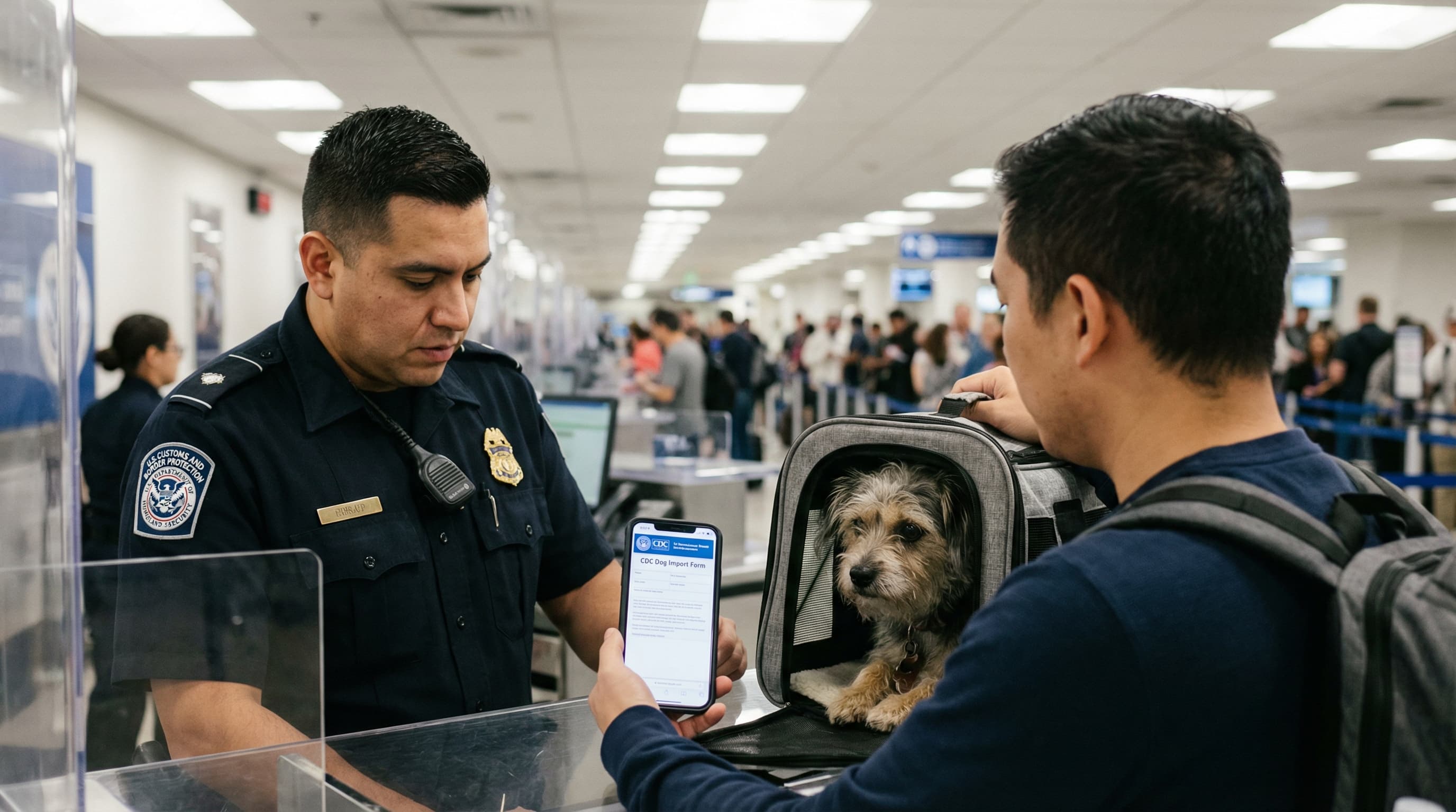 US customs agent reviewing CDC dog import form on a phone screen at an airport arrivals counter, mixed-breed dog in a carrier on the counter beside the owner
