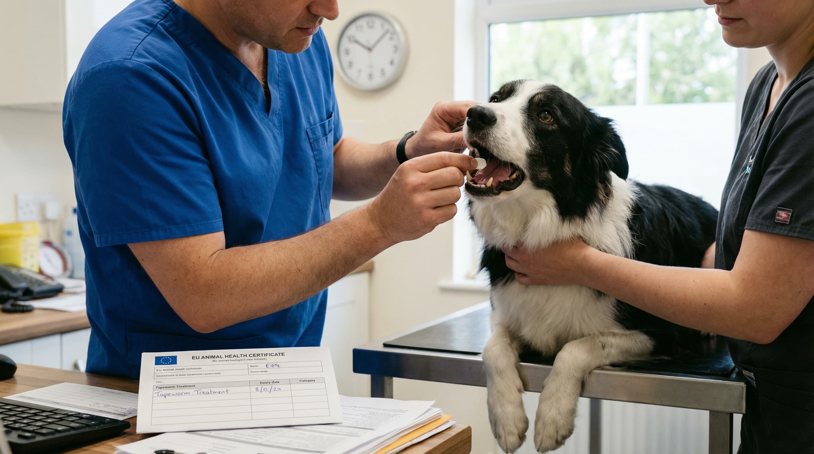 Veterinarian administering praziquantel tapeworm treatment to border collie, EU health certificate visible on desk