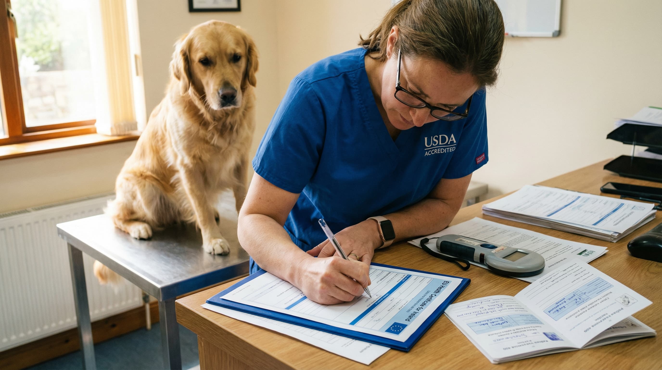 USDA-accredited veterinarian filling out EU health certificate for Ireland with golden retriever on exam table