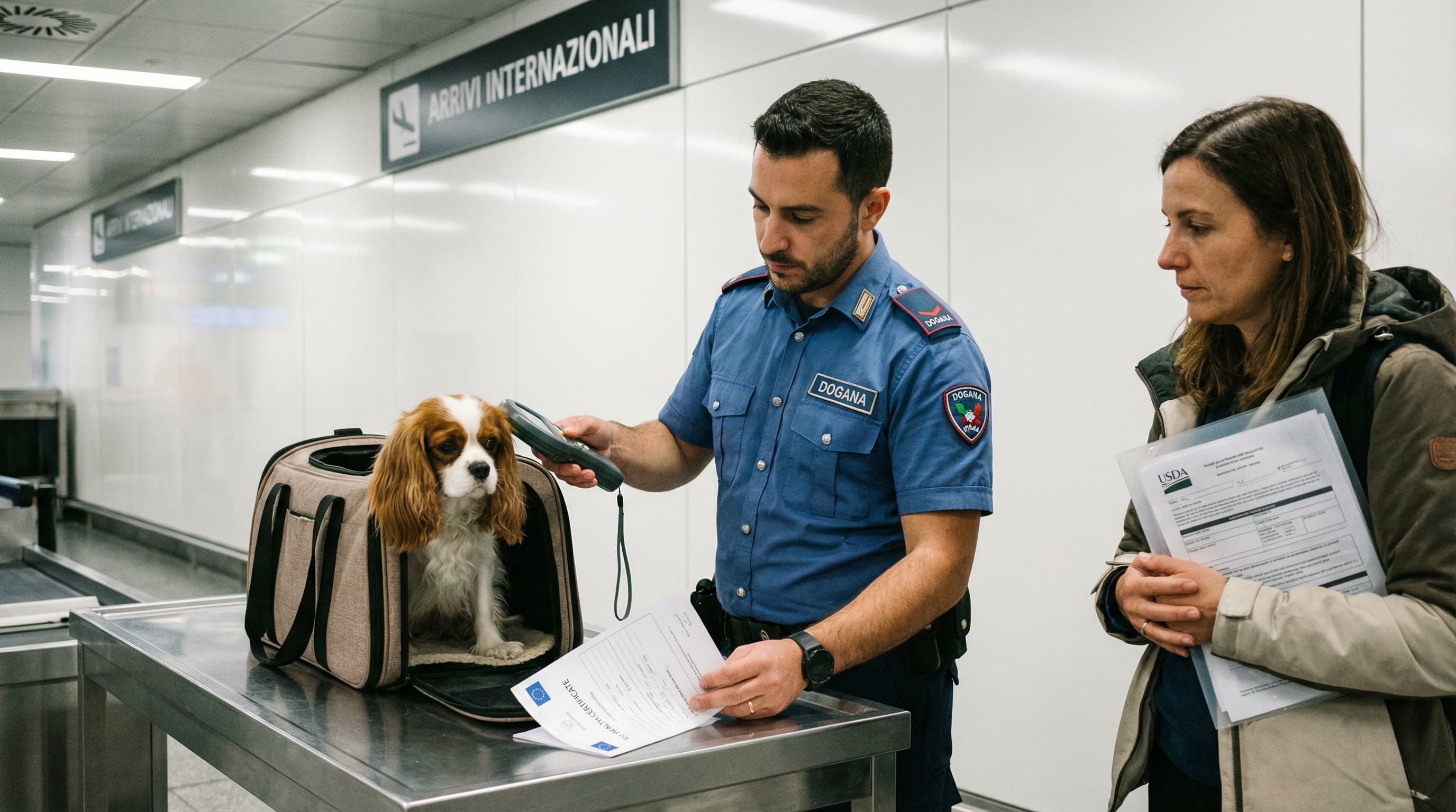 Customs officer at Rome Fiumicino Airport scanning dog's microchip while reviewing EU health certificate