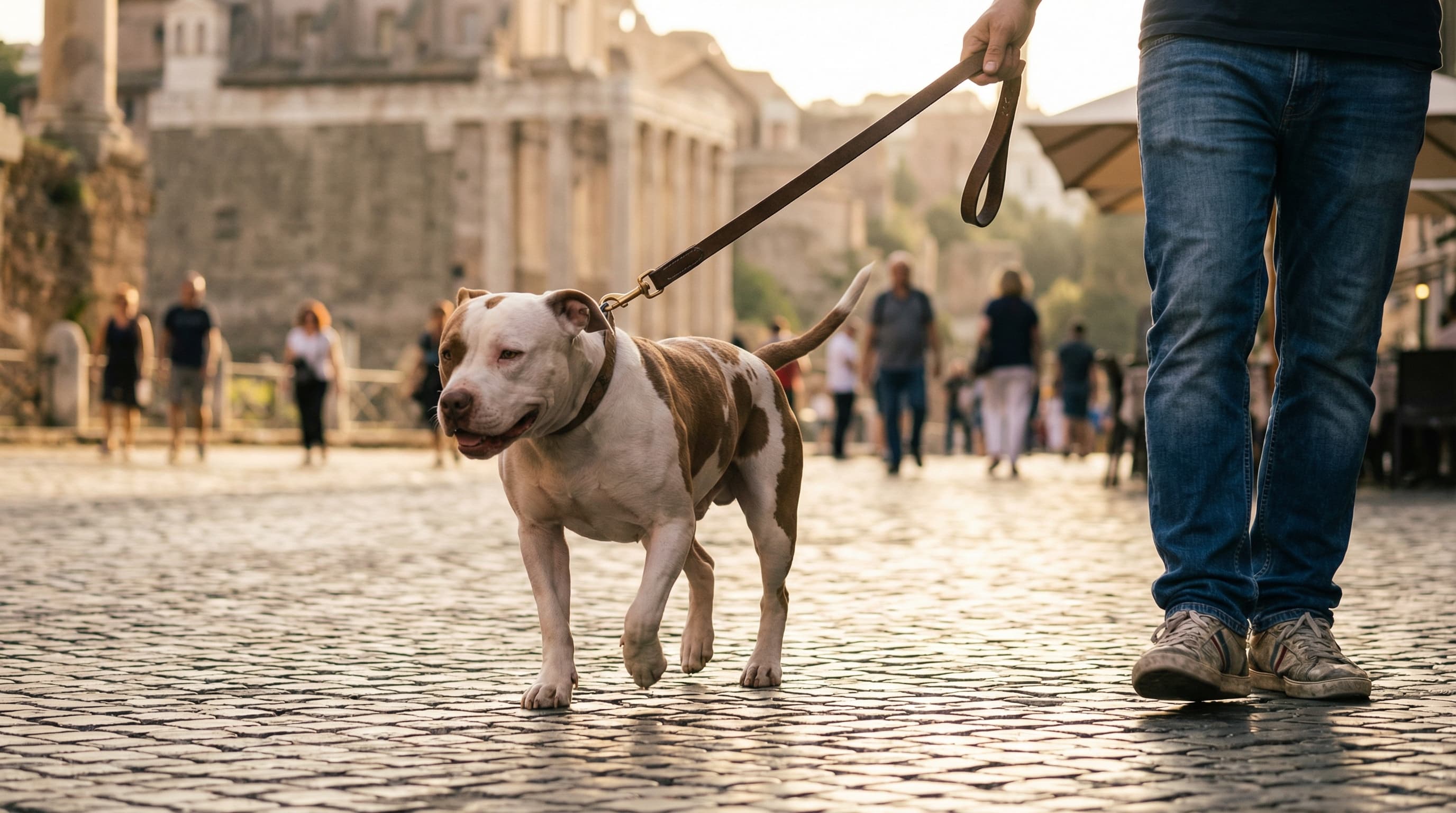 Pit bull on leash with owner walking through Rome's historic district with ancient ruins in background