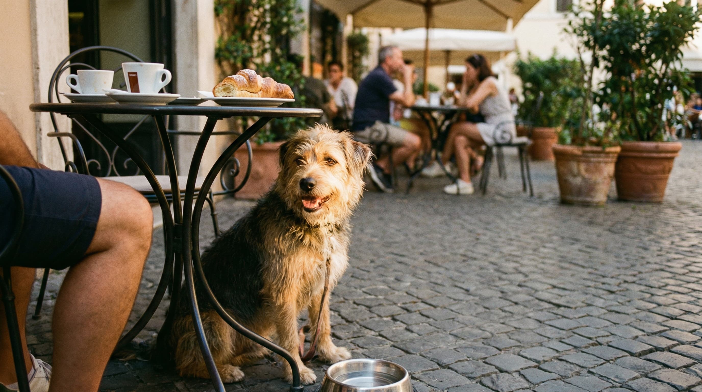 Terrier sitting beside owner at outdoor cafe in Rome with water bowl on cobblestones