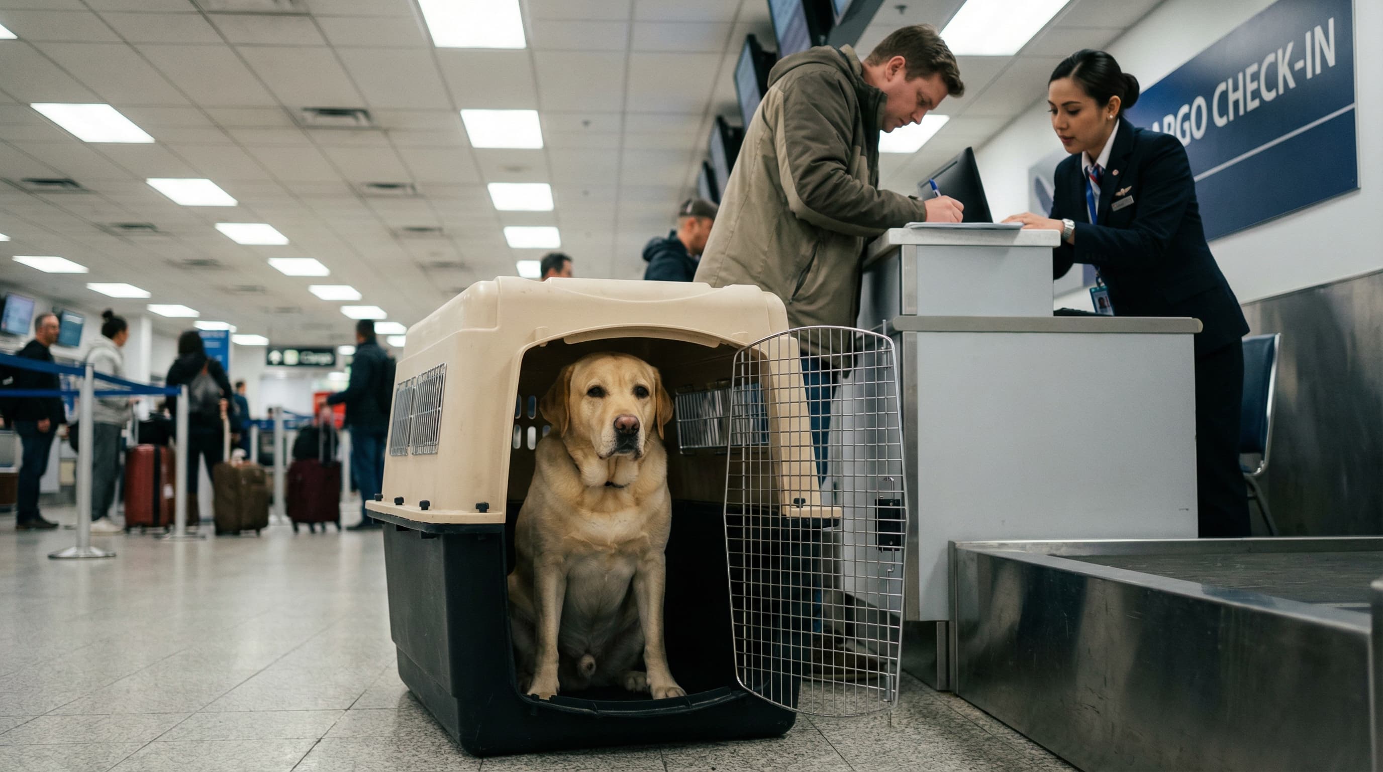 Labrador retriever sitting calmly in an IATA-approved hard-sided crate at airline cargo check-in counter, owner completing paperwork beside them