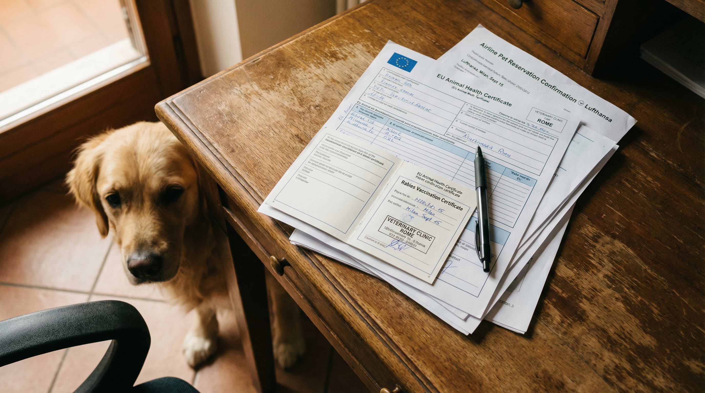 Owner reviewing EU health certificate and travel documents at home with golden retriever sitting nearby