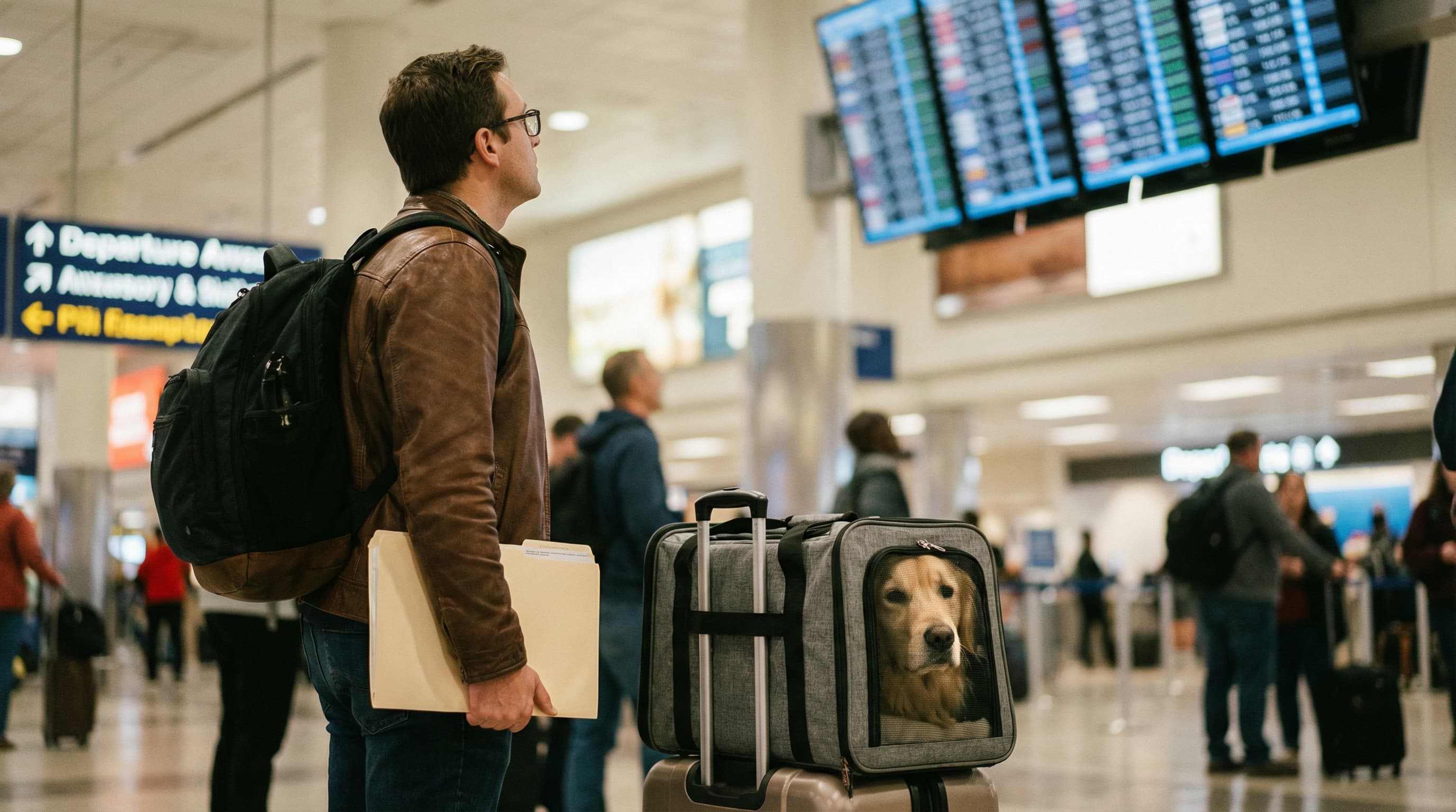 US traveler at a departure gate with a soft-sided pet carrier and travel documents, golden retriever visible through the mesh window, natural light from terminal windows