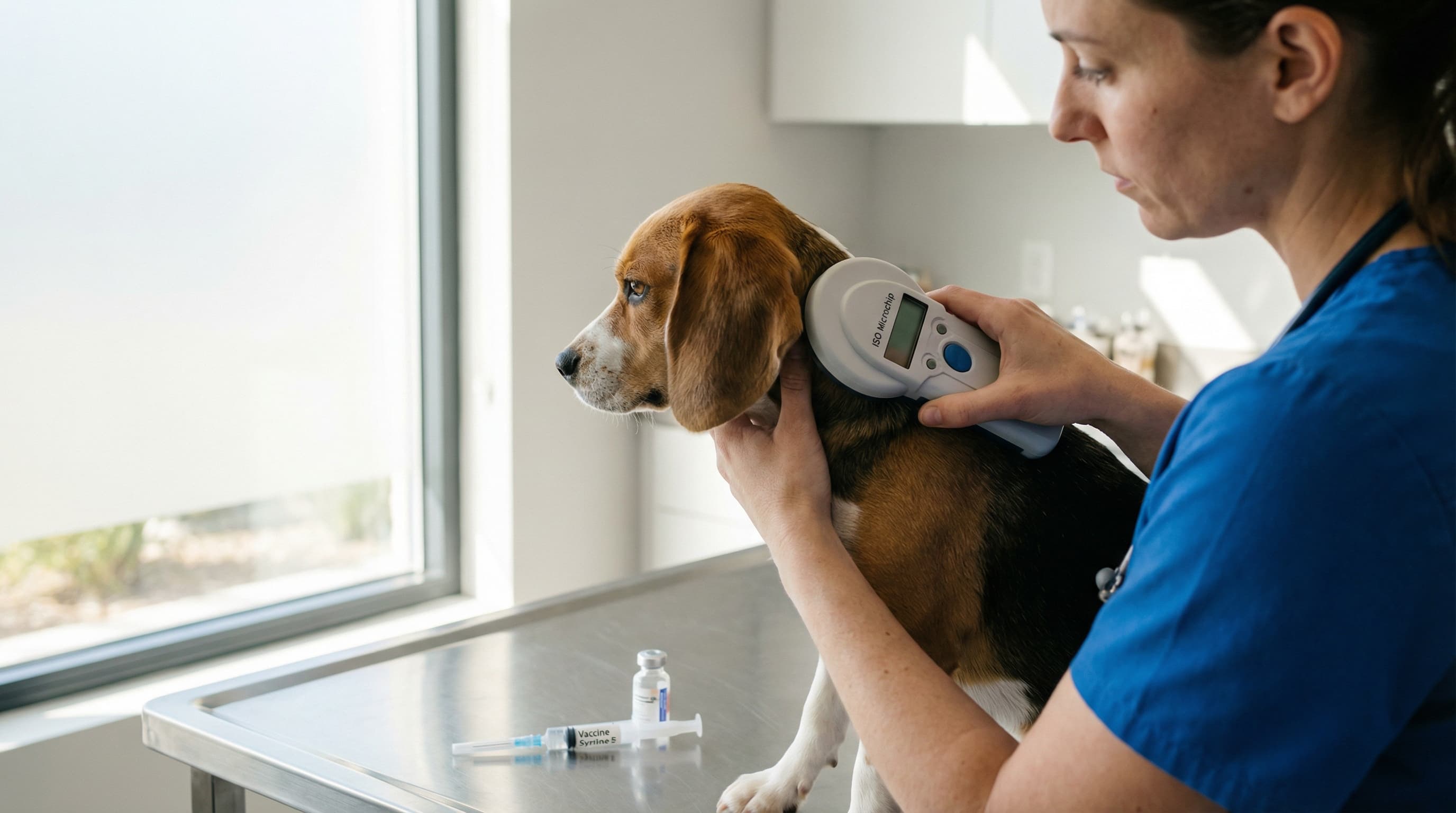 Veterinarian scanning beagle's ISO microchip before administering rabies vaccine for Italy travel