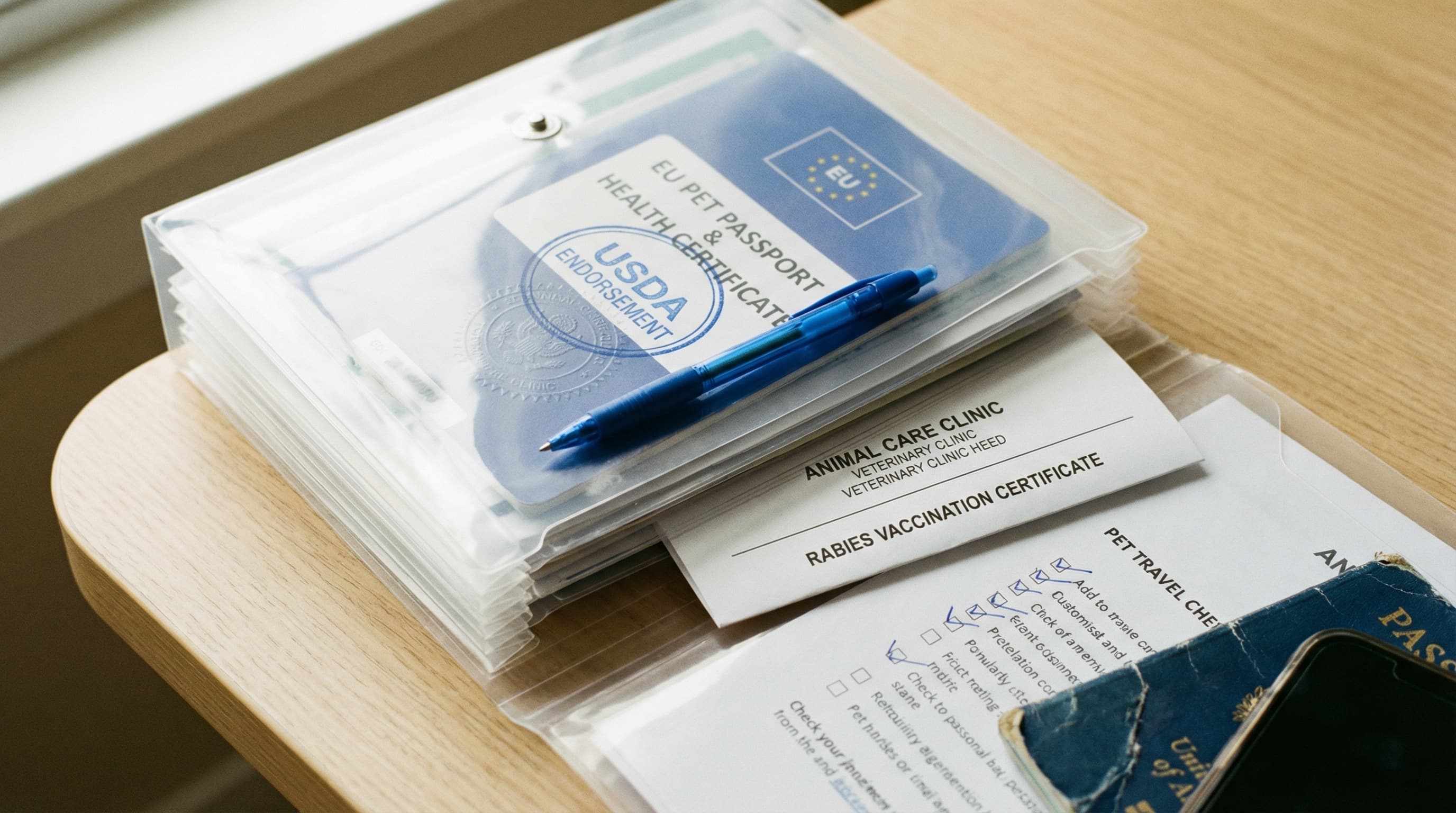Pet travel documents organized in waterproof folder showing EU health certificate, USDA endorsement stamp, and rabies records