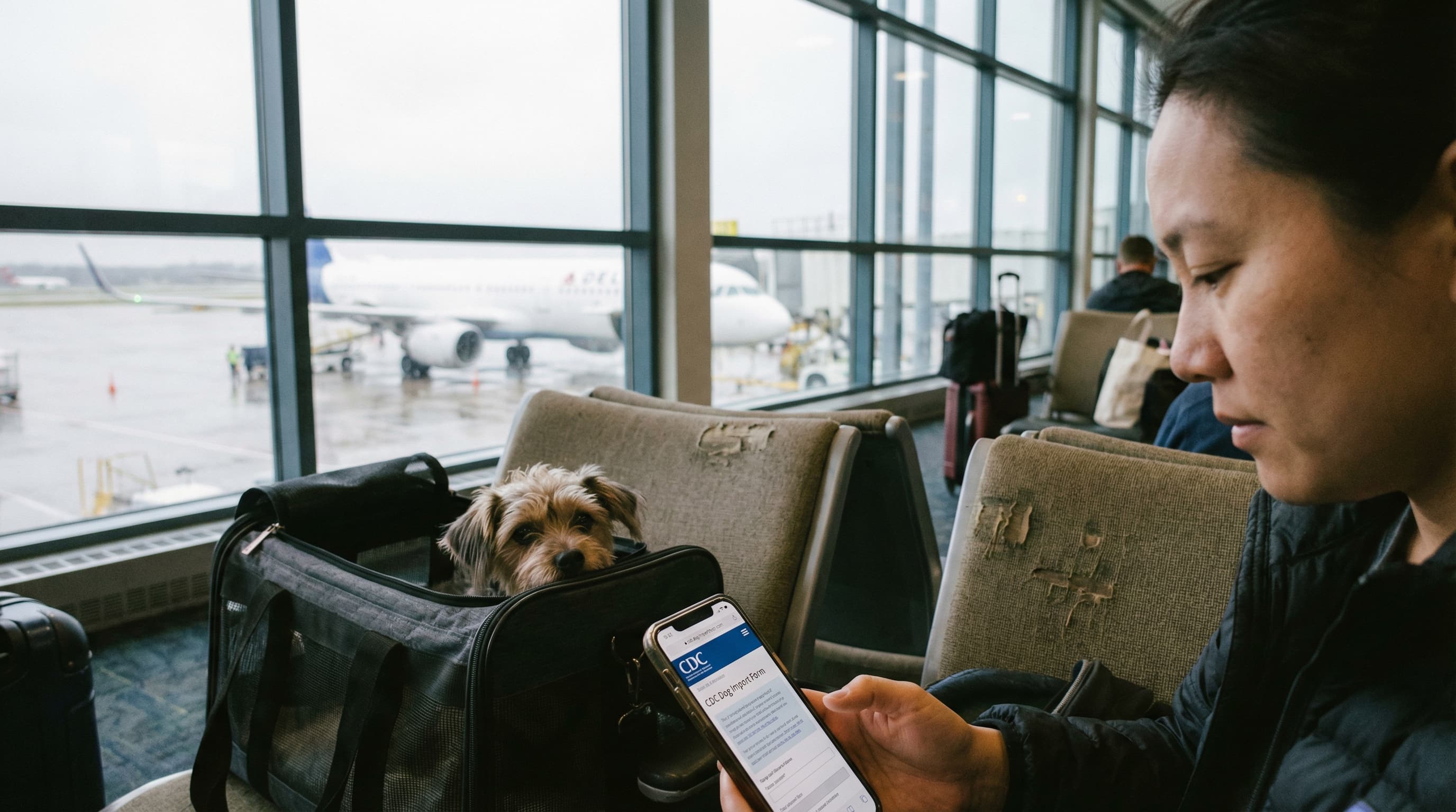 Dog owner completing the CDC Dog Import Form on a phone at an airport gate, small terrier mix in a carrier beside them, ready to board the return flight