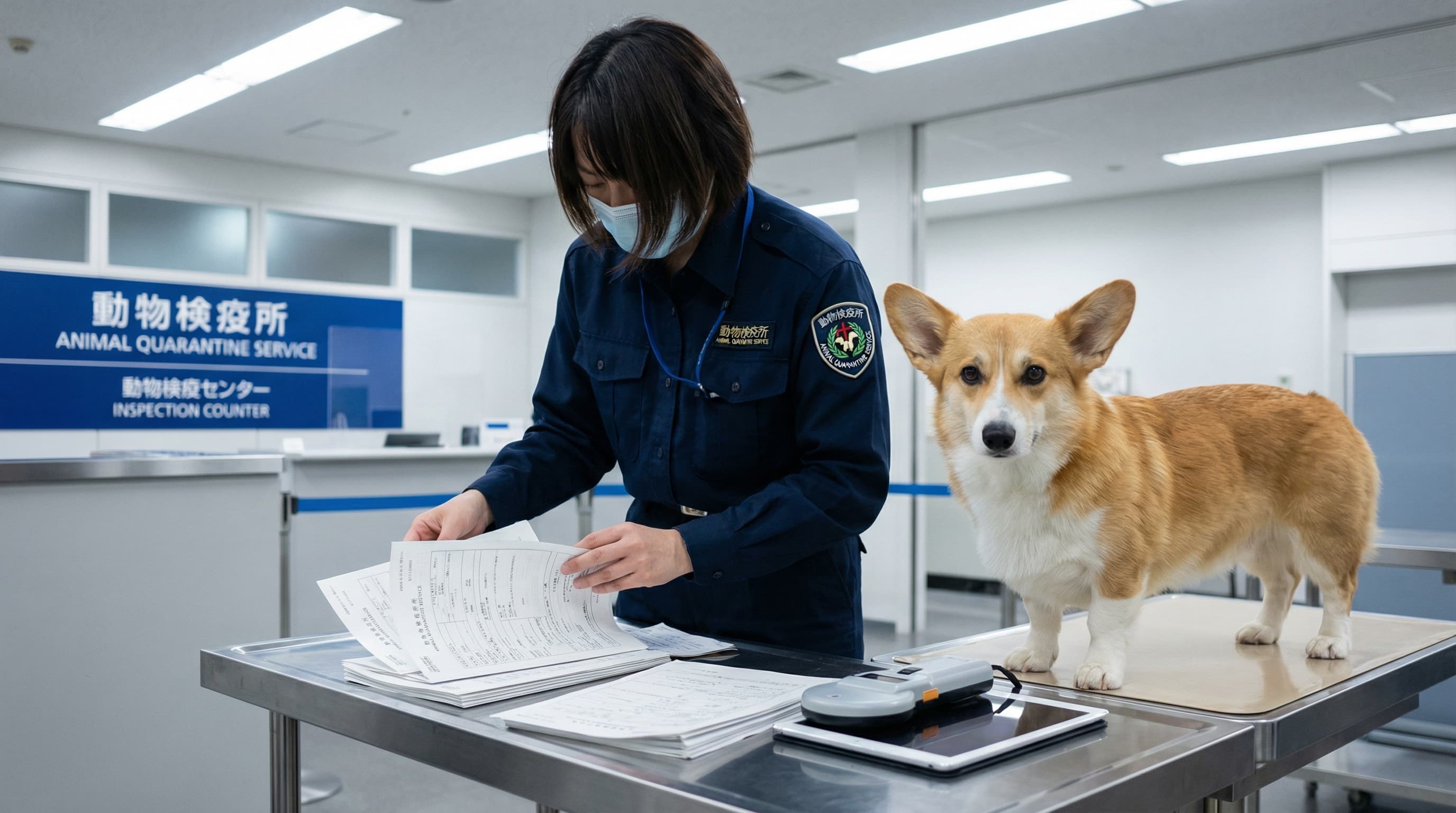 Animal Quarantine Service officer reviewing paperwork and scanning microchip at Japanese airport inspection counter