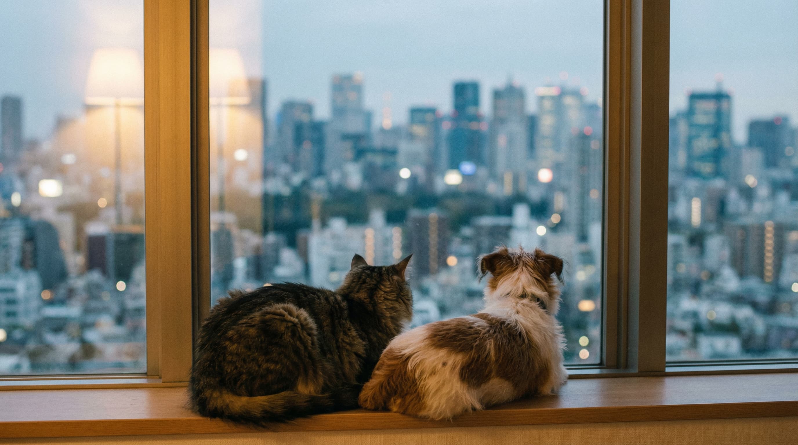 Cat and small dog resting together in Tokyo apartment window overlooking city skyline at dusk