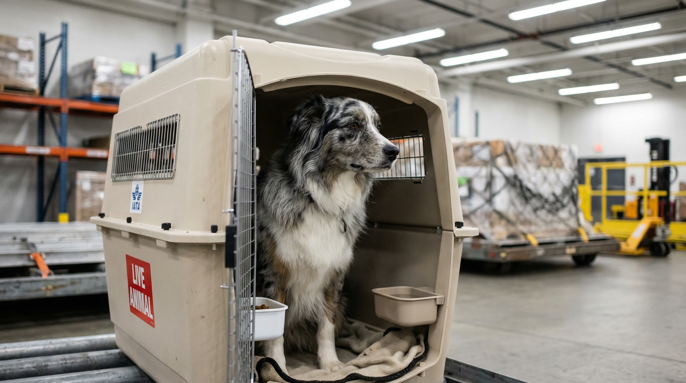 Australian Shepherd in IATA-compliant hard-sided crate at airport cargo facility ready for Japan travel