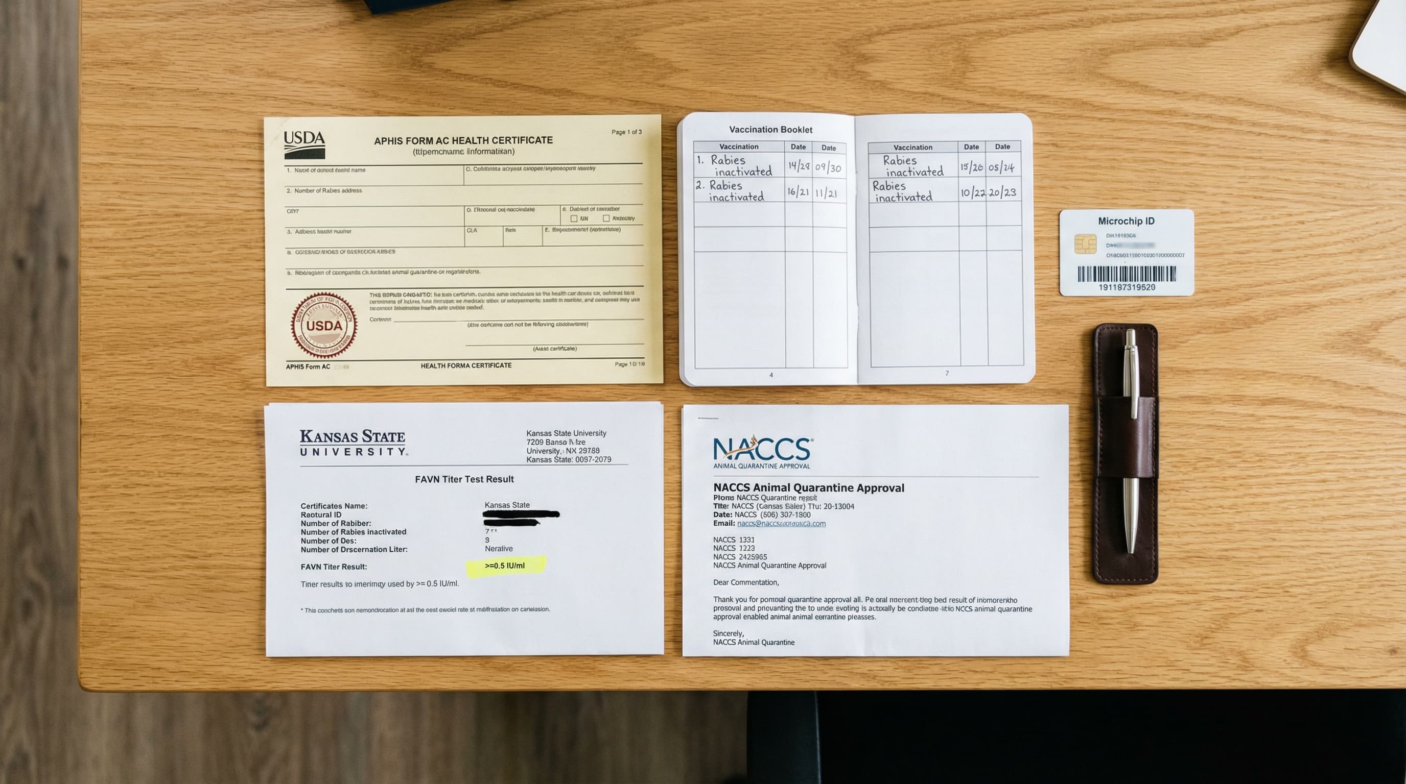 Japan pet travel document set — APHIS Form AC, vaccination records, FAVN titer test result, NACCS approval, and microchip certificate arranged on a desk