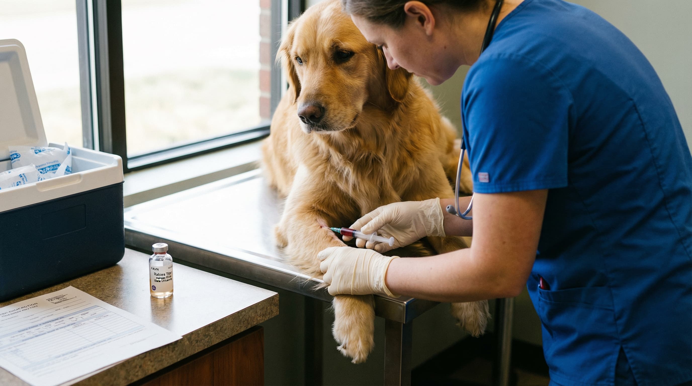Veterinarian drawing blood from golden retriever for FAVN titer test, KSU serum vial and cold chain shipping box on exam table