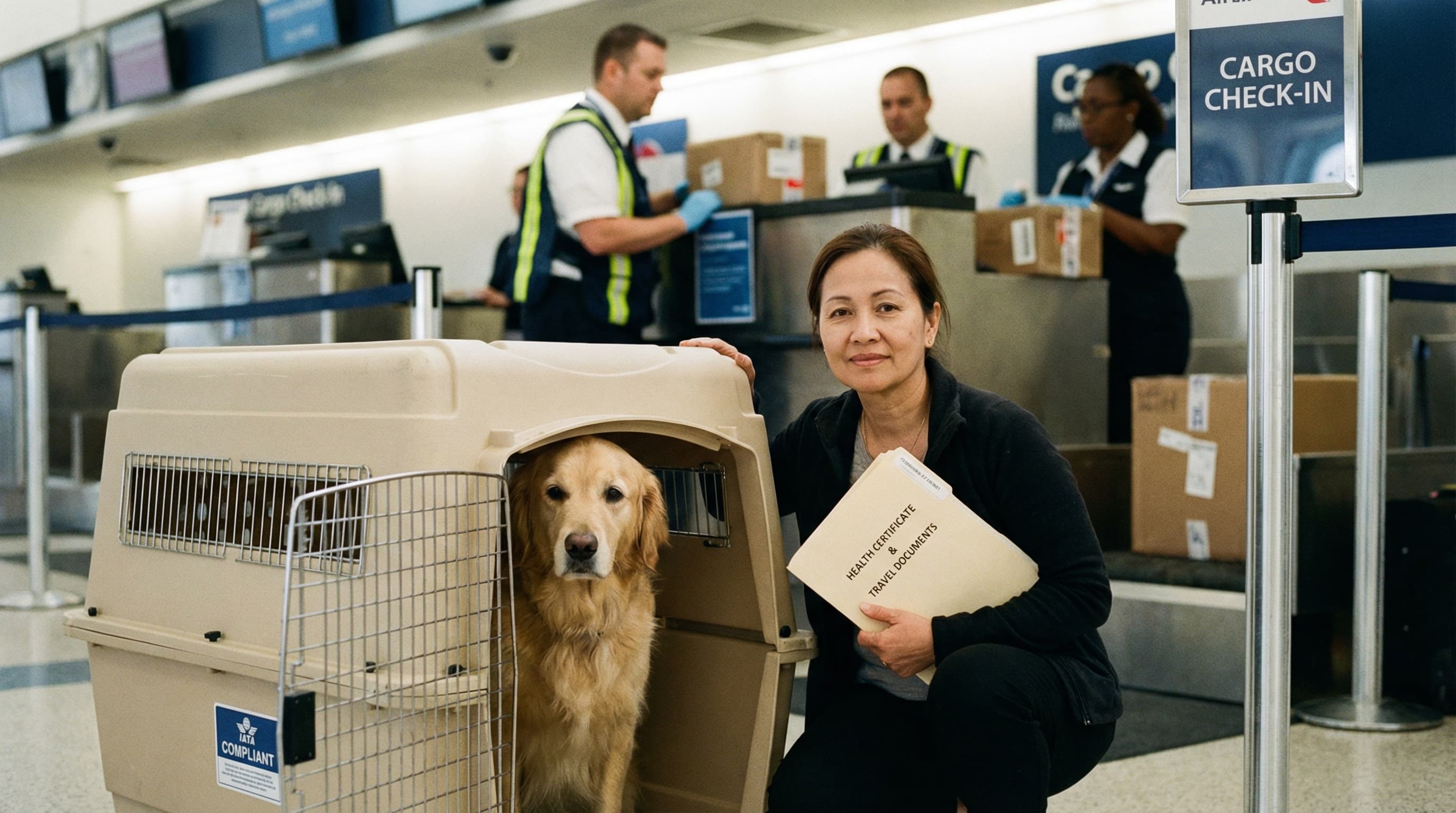 Golden retriever in IATA crate at US departure airport, owner kneeling beside it holding Japan health certificate documents
