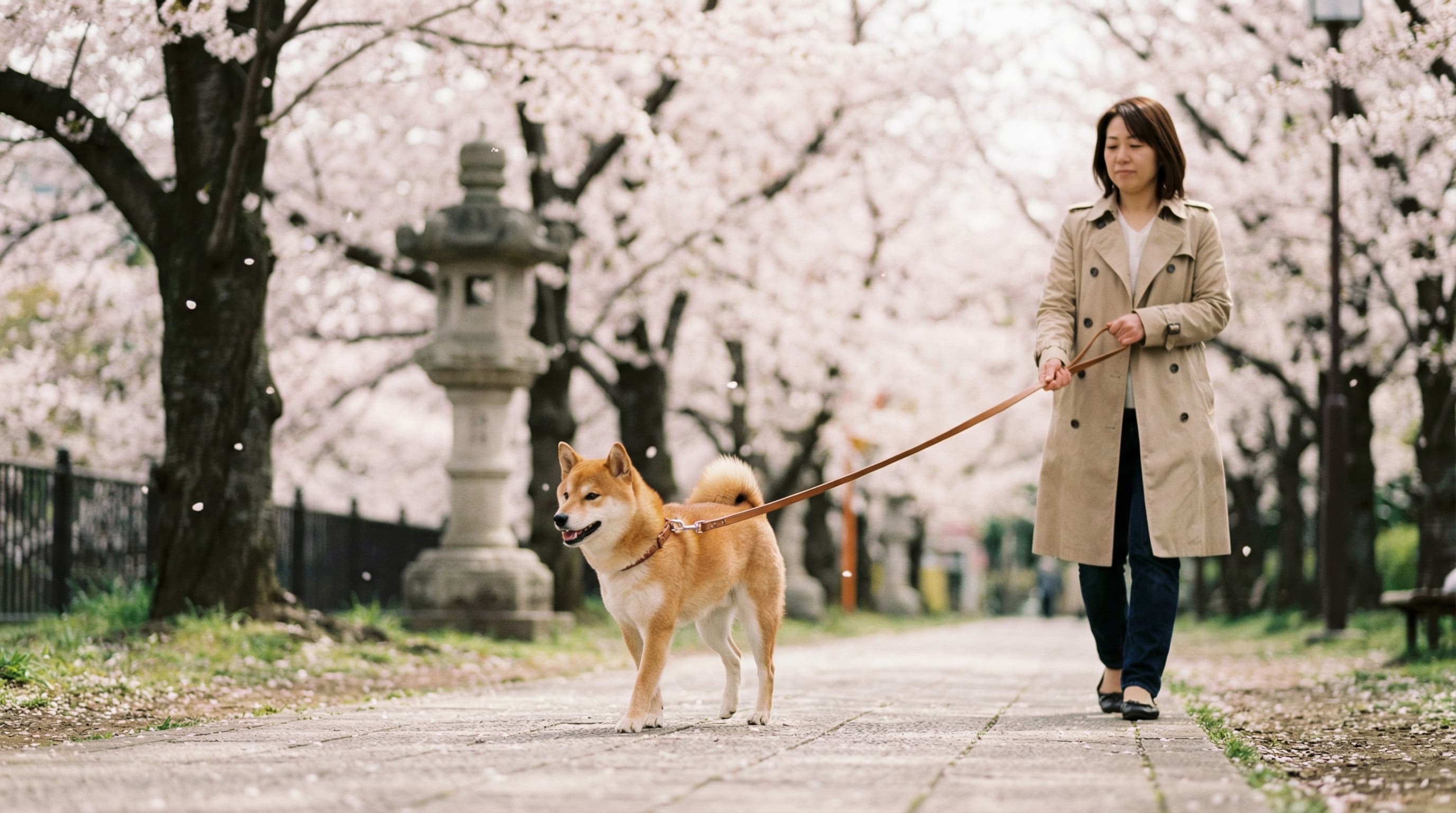 Shiba Inu walking through a Tokyo neighborhood park with owner, cherry blossom trees in background