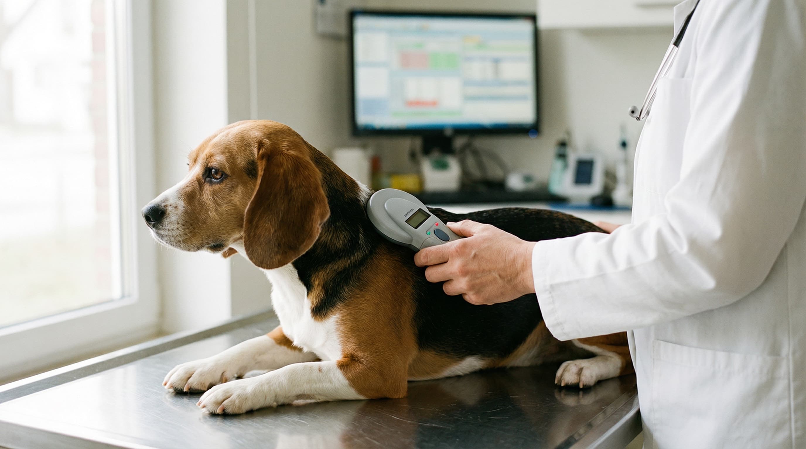 Veterinarian scanning a beagle's ISO microchip before rabies vaccination for Japan entry
