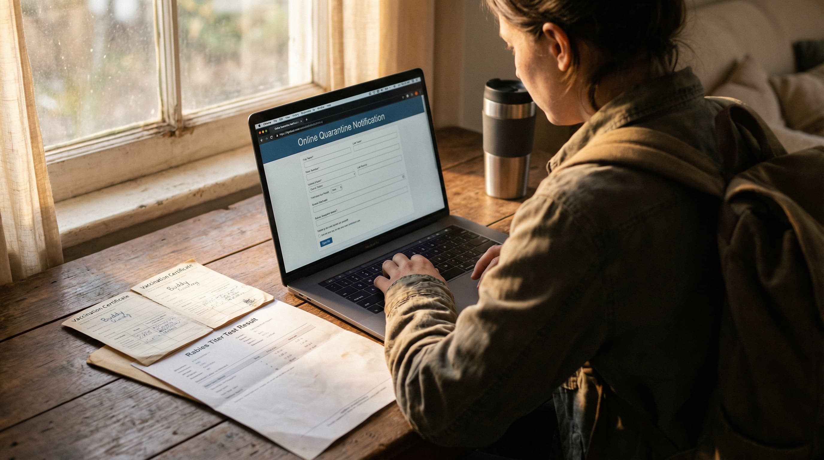 Traveler completing Japan quarantine advance notification form on laptop with vaccination certificate and titer test results nearby