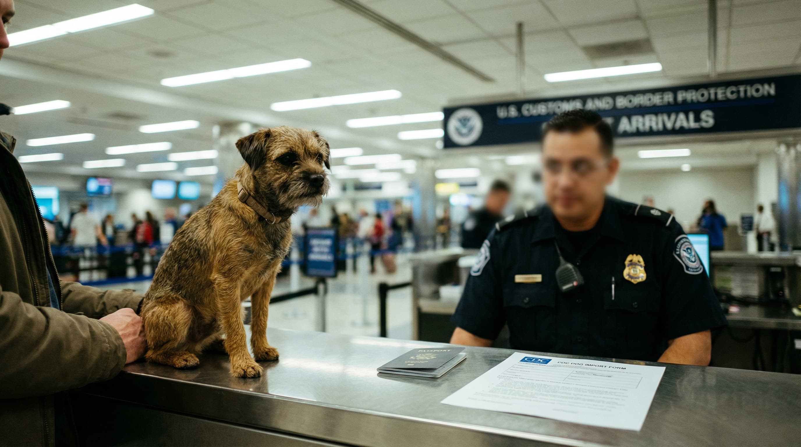 Border terrier with owner at US Customs checkpoint, CDC Dog Import Form and passport on counter