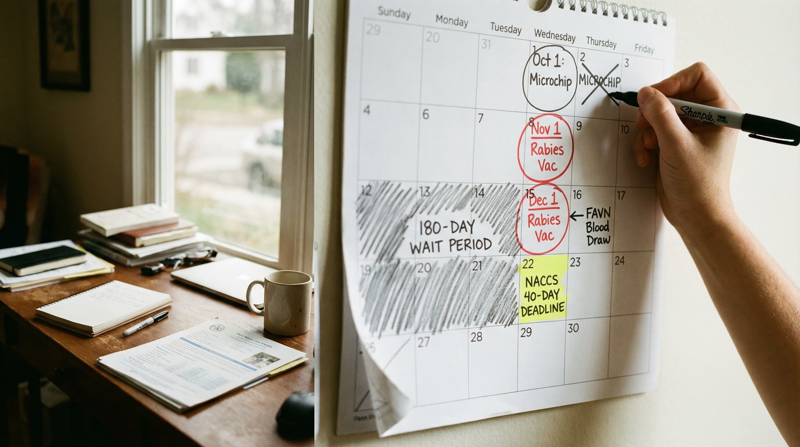 Japan pet travel timeline wall calendar with dates marked for microchip, FAVN blood draw, 180-day wait, and NACCS deadline