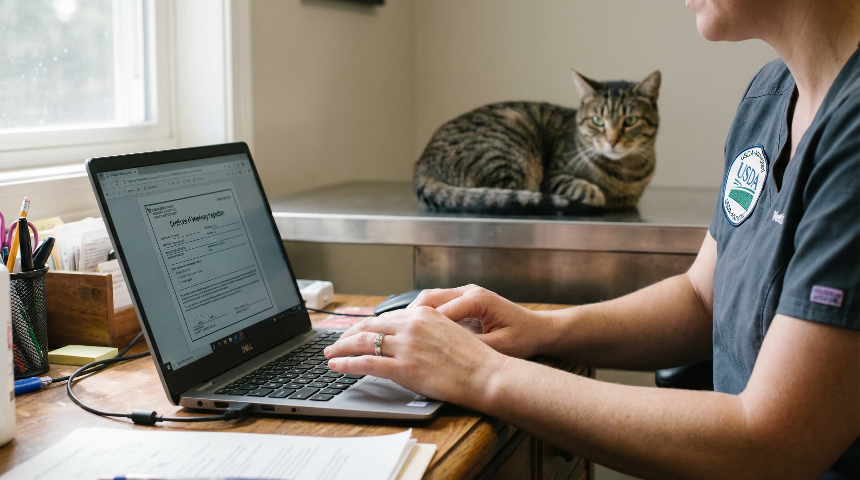 USDA-accredited veterinarian reviewing APHIS Form AC health certificate on laptop, tabby cat on exam table