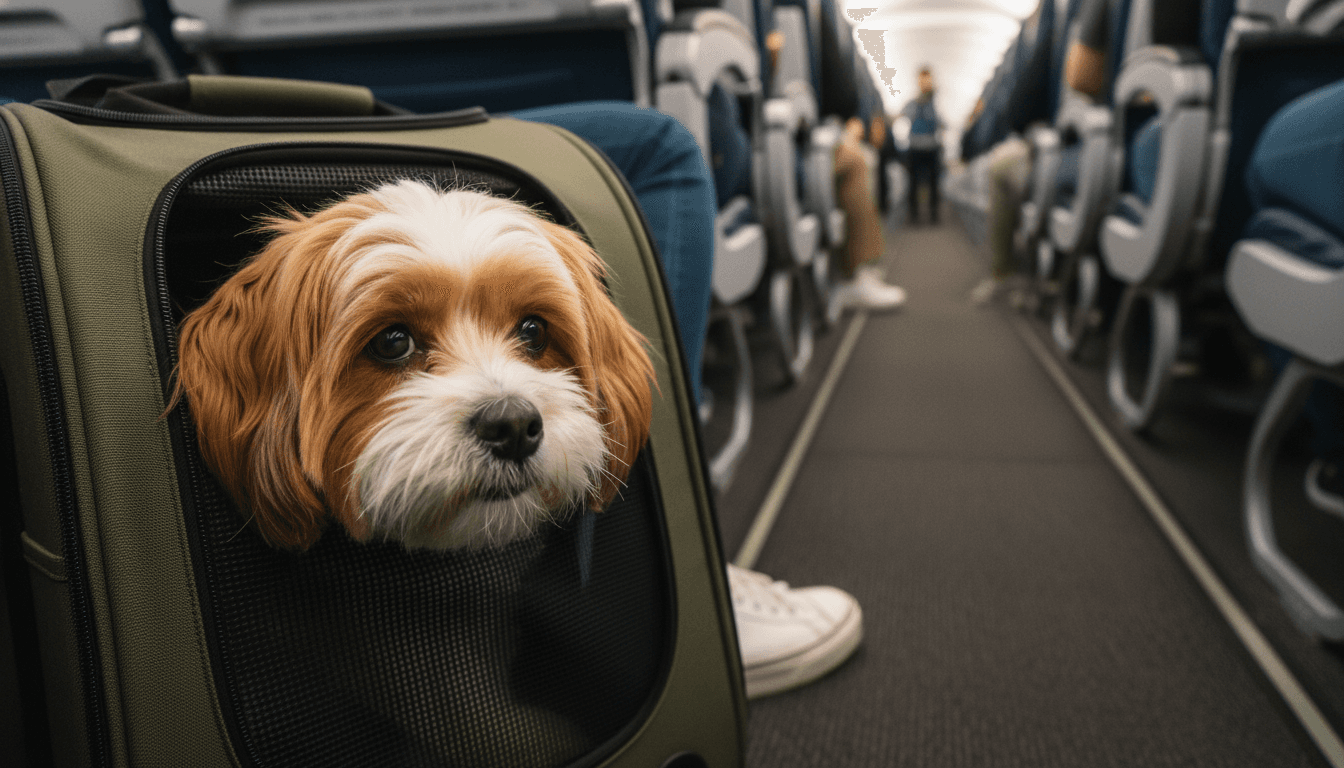 A small dog in a soft-sided carrier under an airplane seat