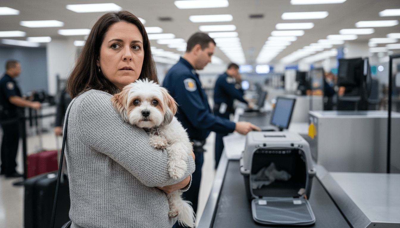A pet owner holding a small dog at an airport security checkpoint