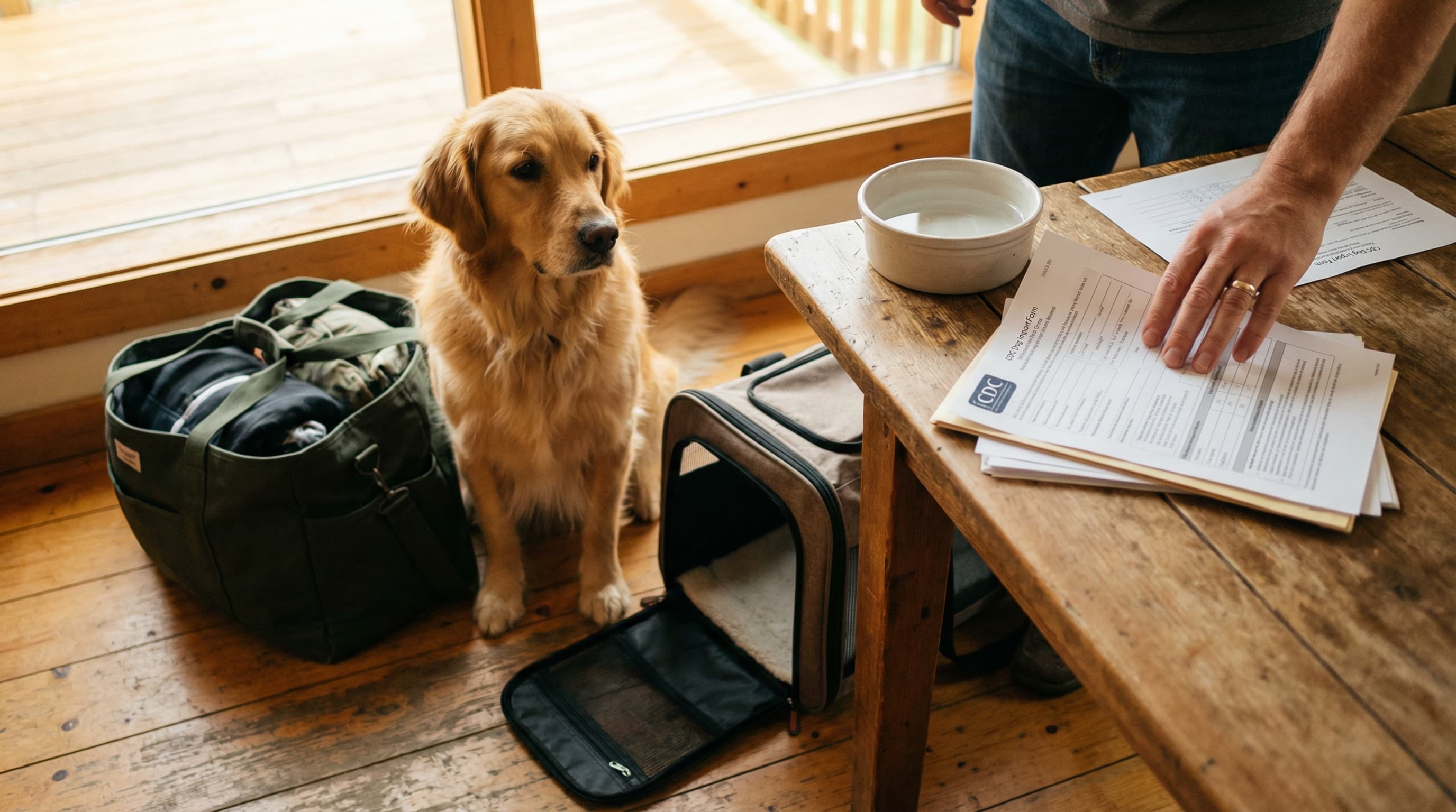 A golden retriever sits next to a neatly organized travel bag with vaccination records, a soft-sided pet carrier, and airline documents on a wood table