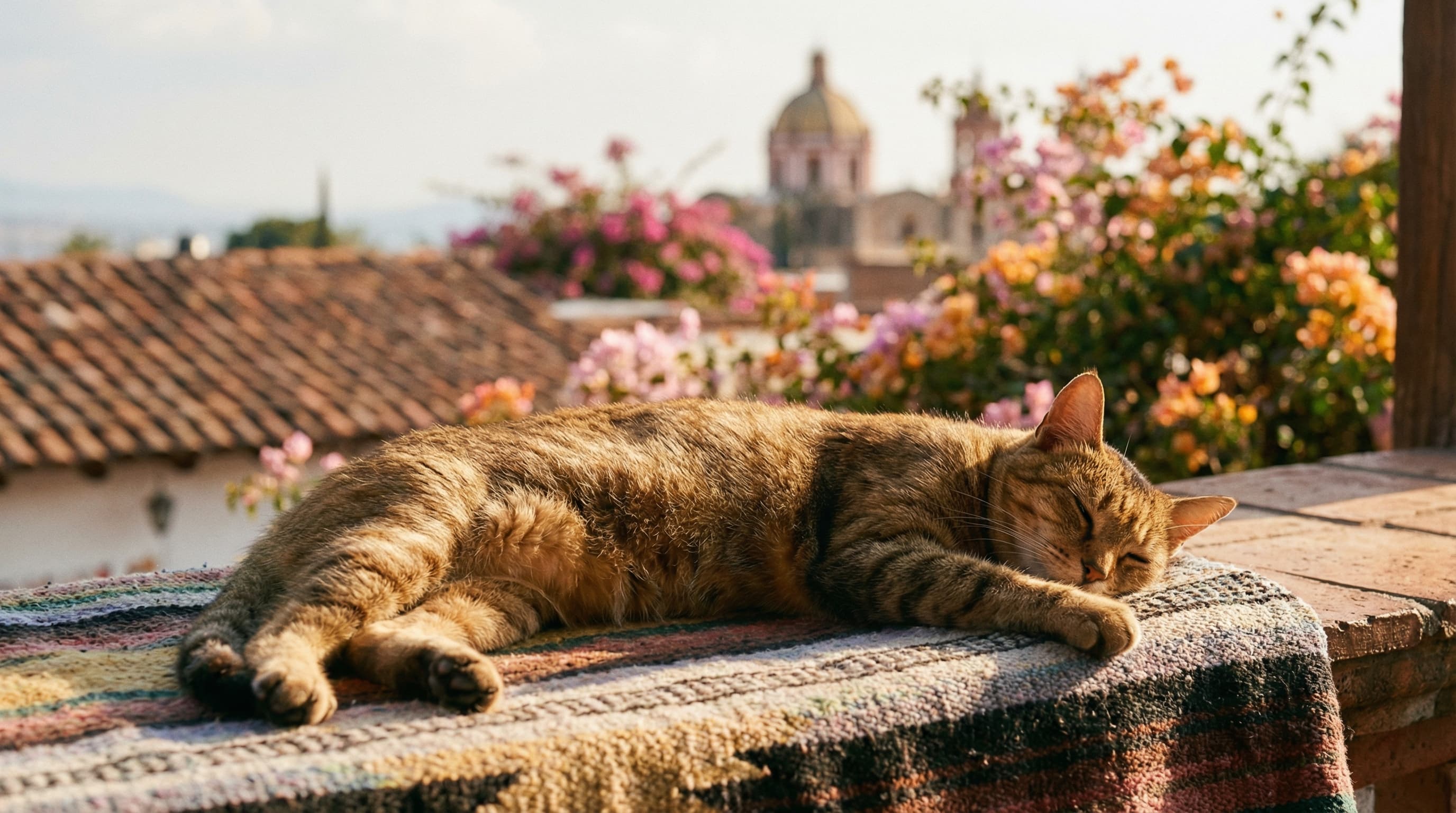 A tabby cat relaxing on a colorful Mexican balcony with terracotta rooftops in the background, looking content and comfortable