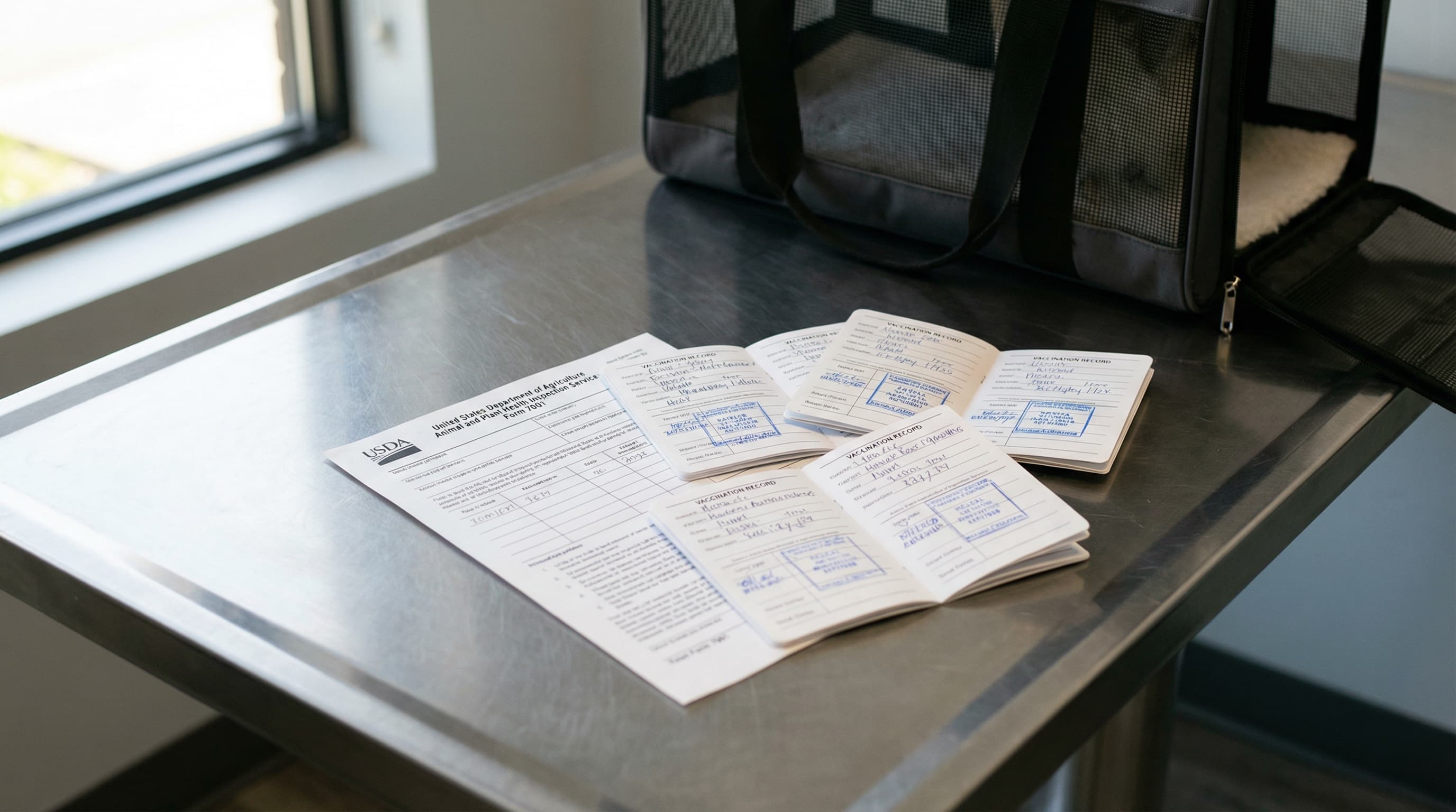 APHIS Form 7001 health certificate and vaccination records on a veterinary exam table with a travel carrier in the background