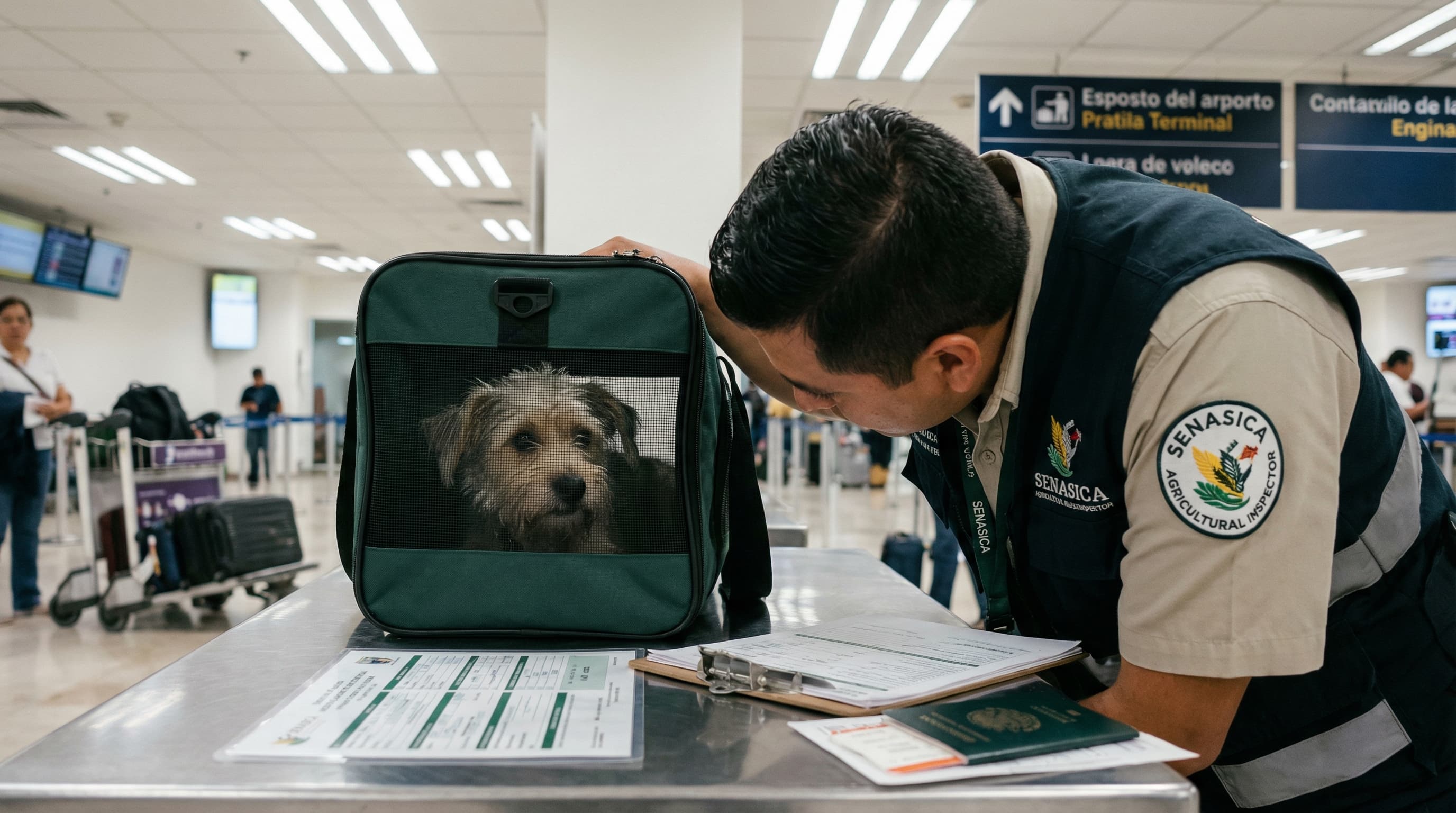 A SENASICA official inspecting a terrier mix in a carrier at the Mexico City Airport arrival area, with the pet visible through the carrier mesh