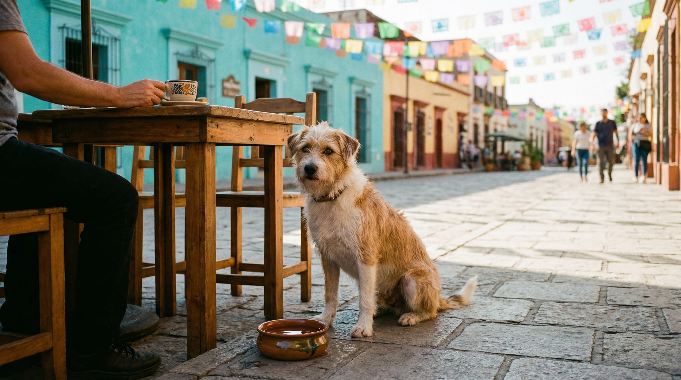 Terrier mix relaxing beside its owner at a colorful outdoor cafe in a traditional Mexican plaza