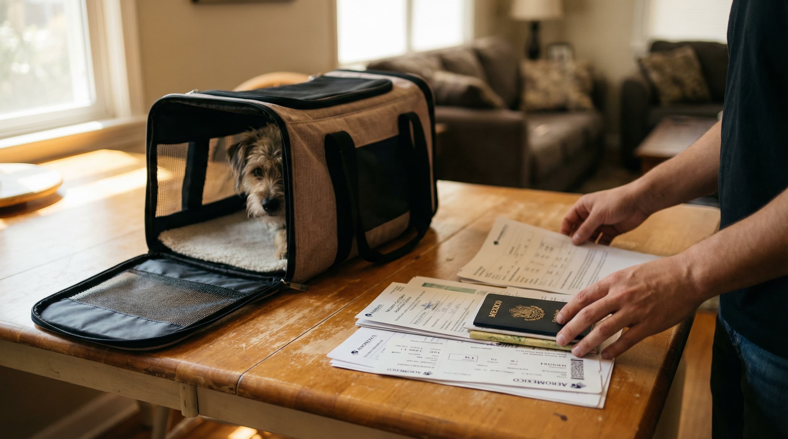 A pet owner organizing travel documents and a soft-sided carrier for departure, with vaccination records and passport visible on the table