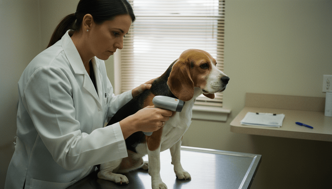 A veterinarian scanning a golden retriever's microchip